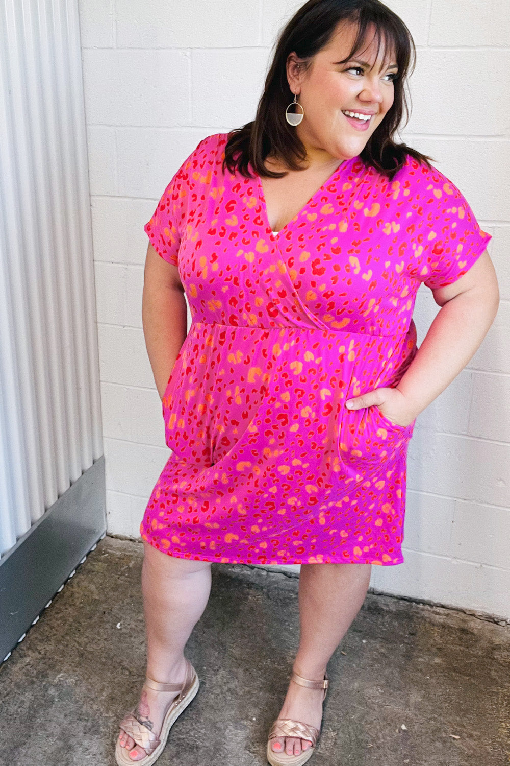 Rose Leopard Surplice V Neck Pocketed Dress (Open Pack)
