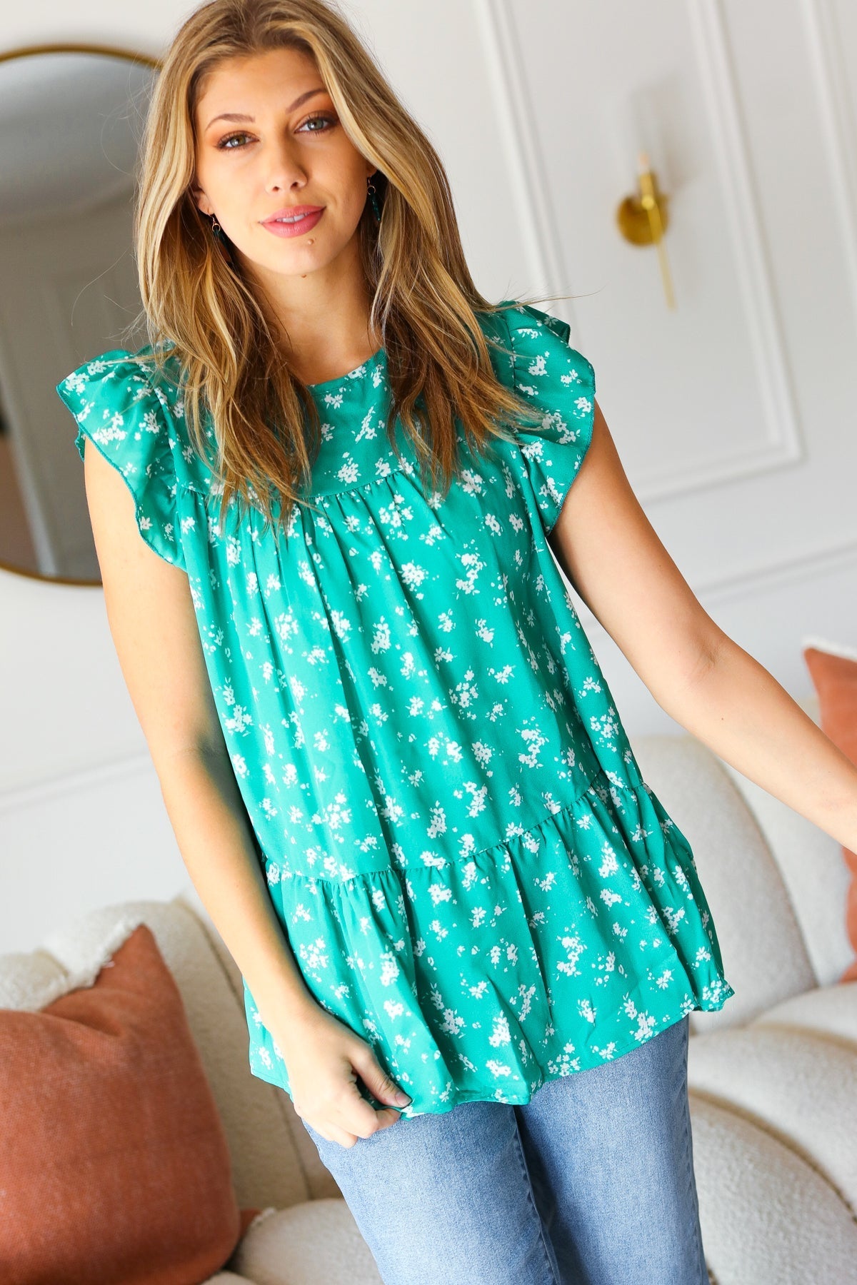 Mint Floral Yoke Flutter Sleeve Keyhole Back Top (Open Pack)
