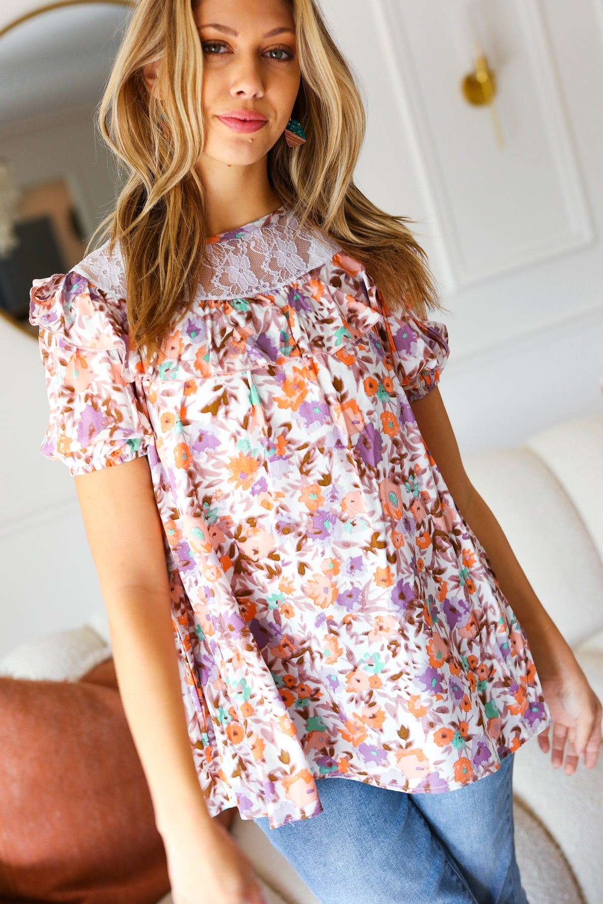Lavender Watercolor Lace & Ruffle Woven Top (Open Pack)