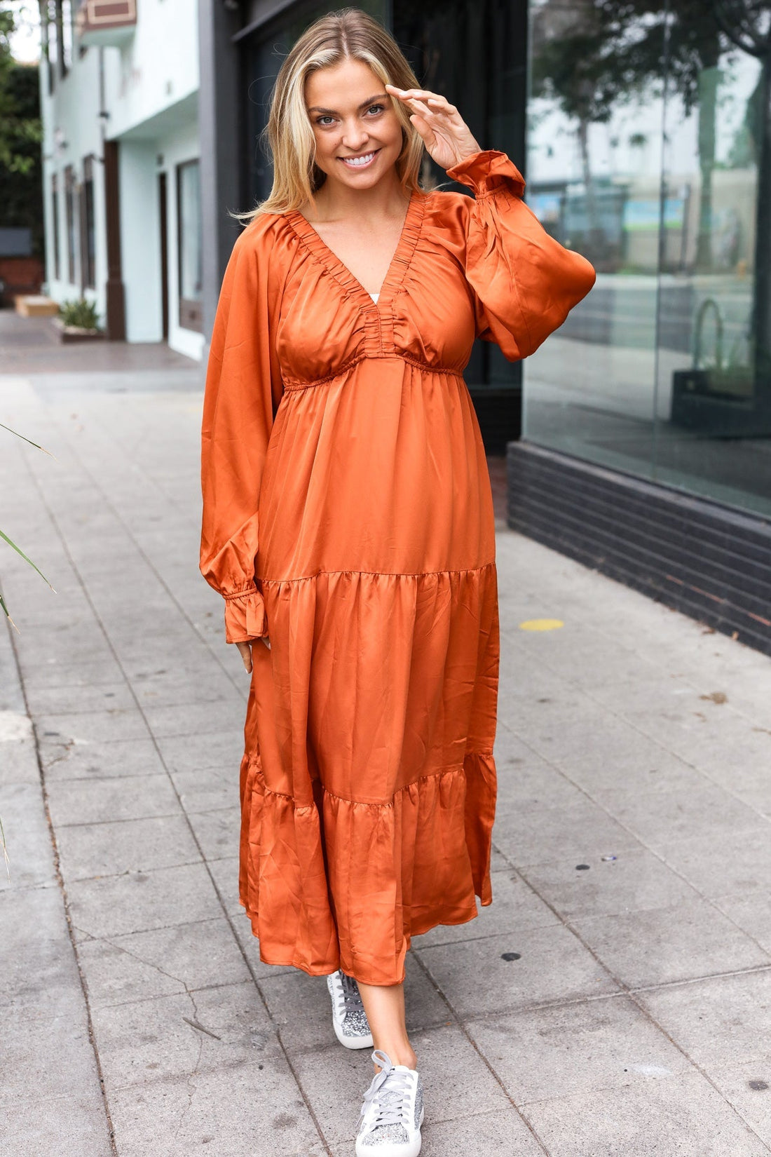 Elegant Rust Elastic V Neck Tiered Satin Maxi Dress (Open Pack)