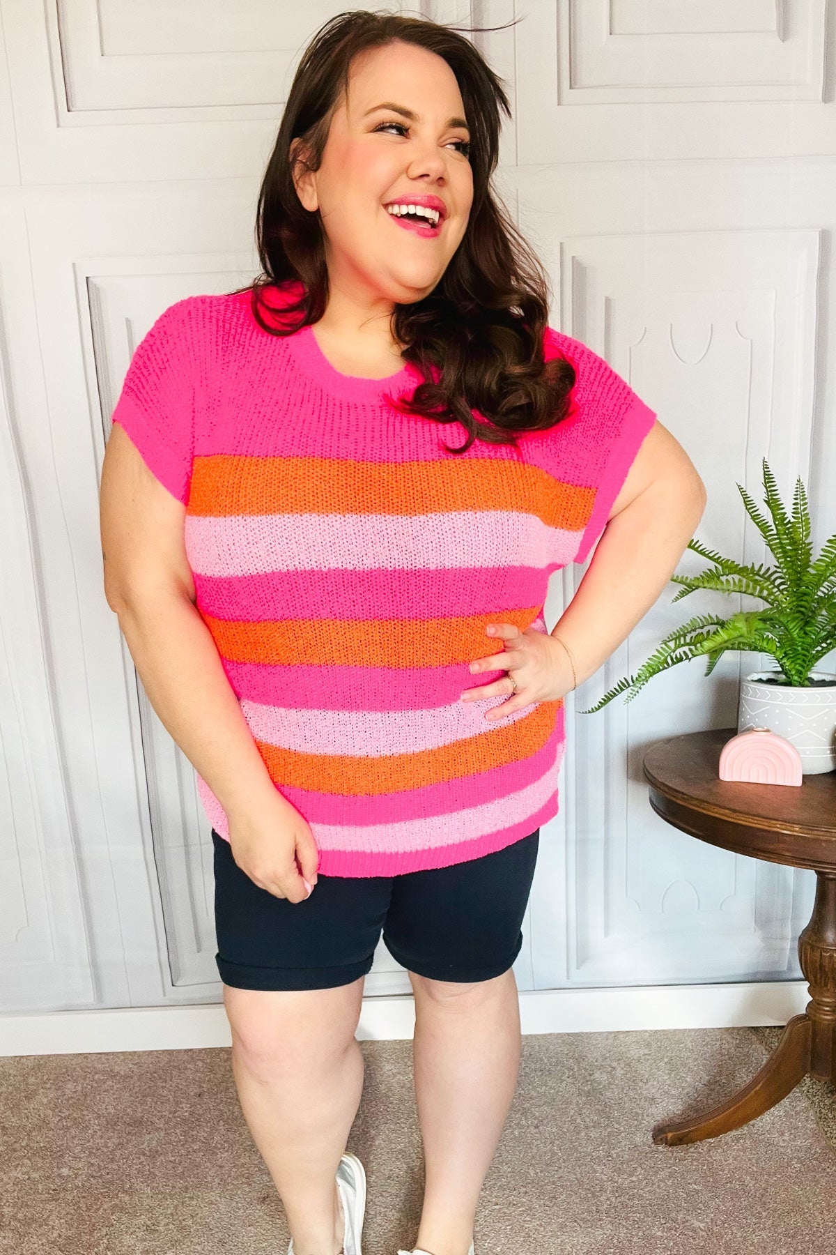 Feeling Bold Fuchsia & Orange Stripe Short Sleeve Dolman Sweater (Open Pack)