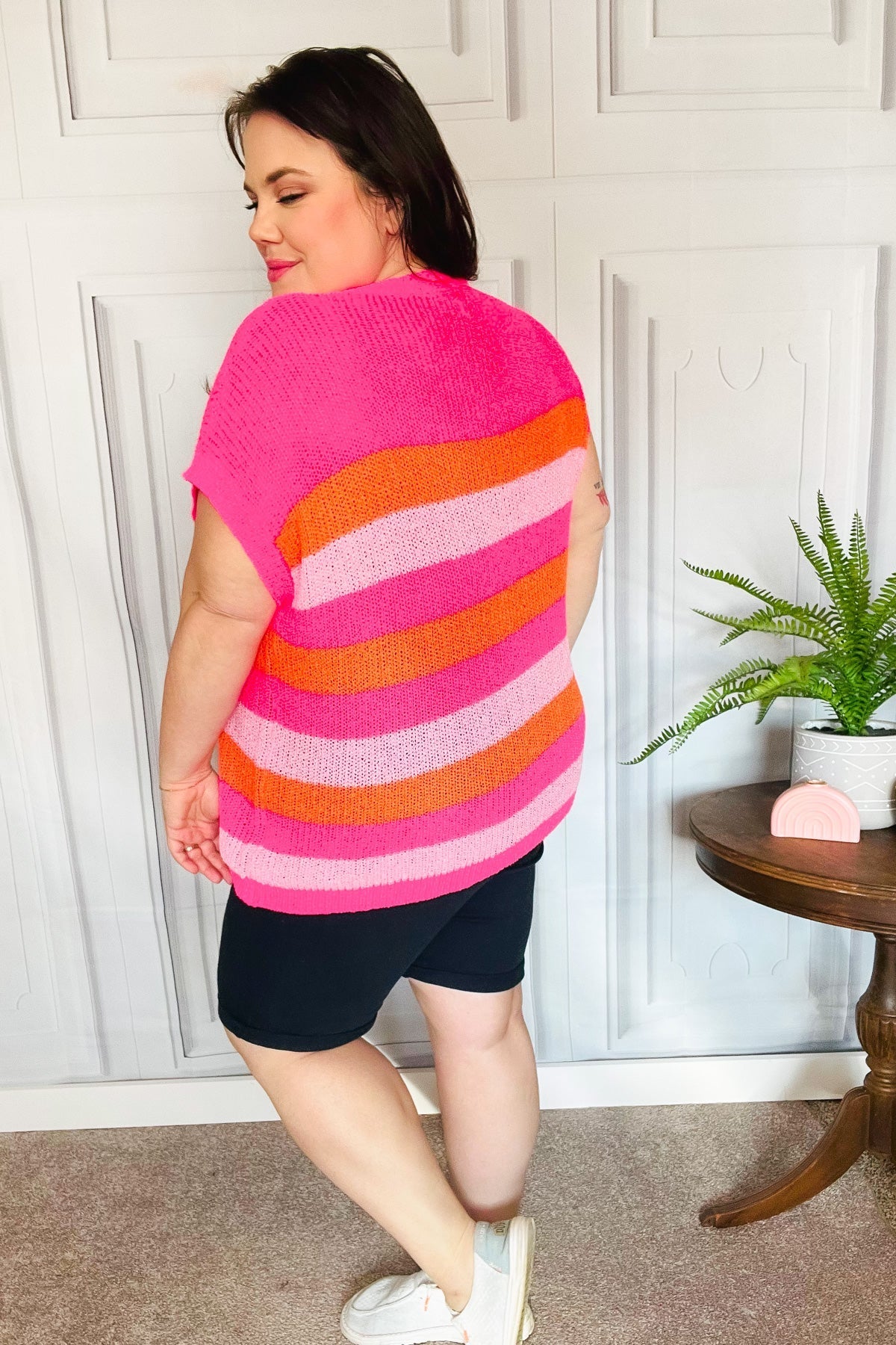 Feeling Bold Fuchsia & Orange Stripe Short Sleeve Dolman Sweater (Open Pack)