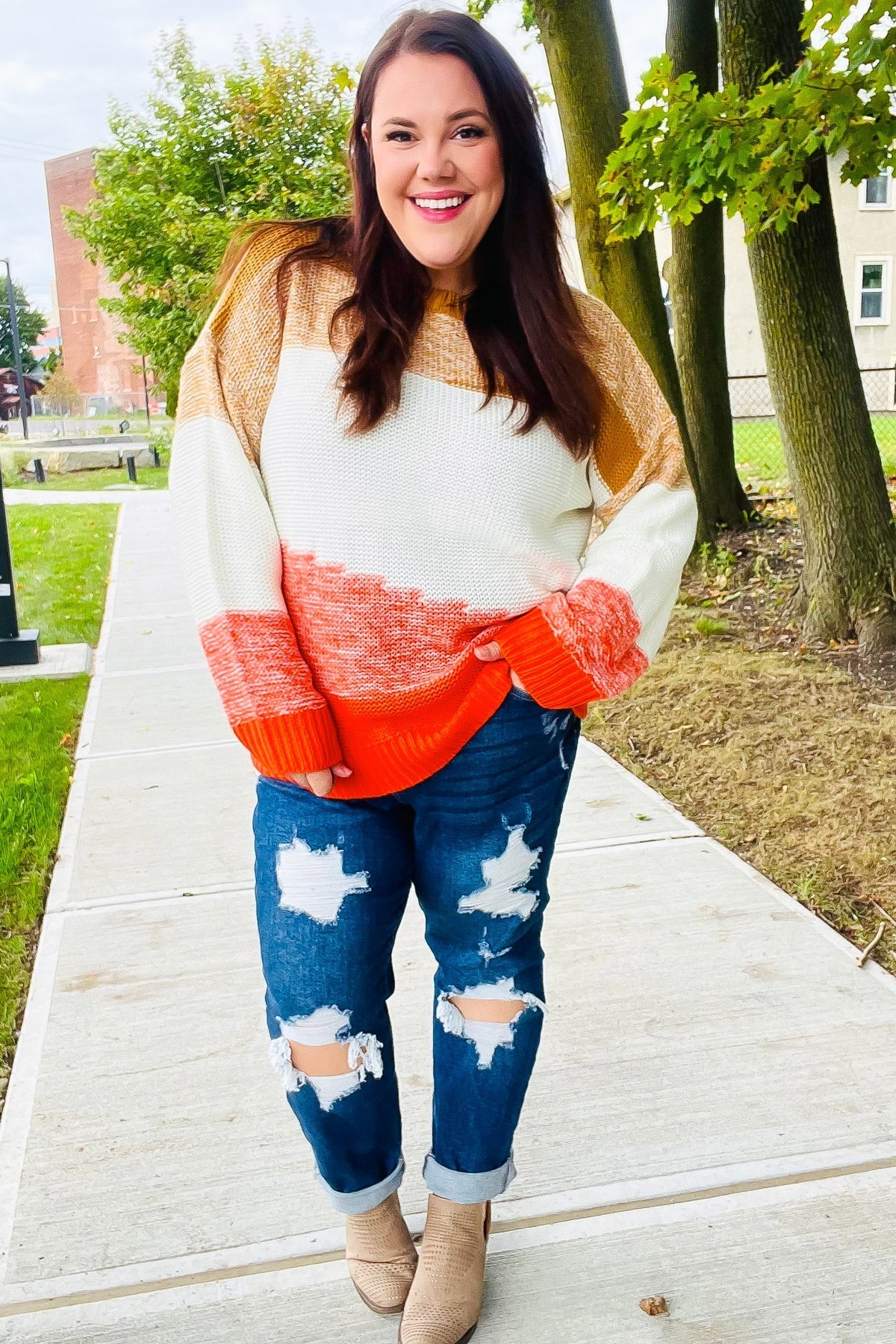 Adorable You Camel & Orange Color Block Sweater (Open Pack)