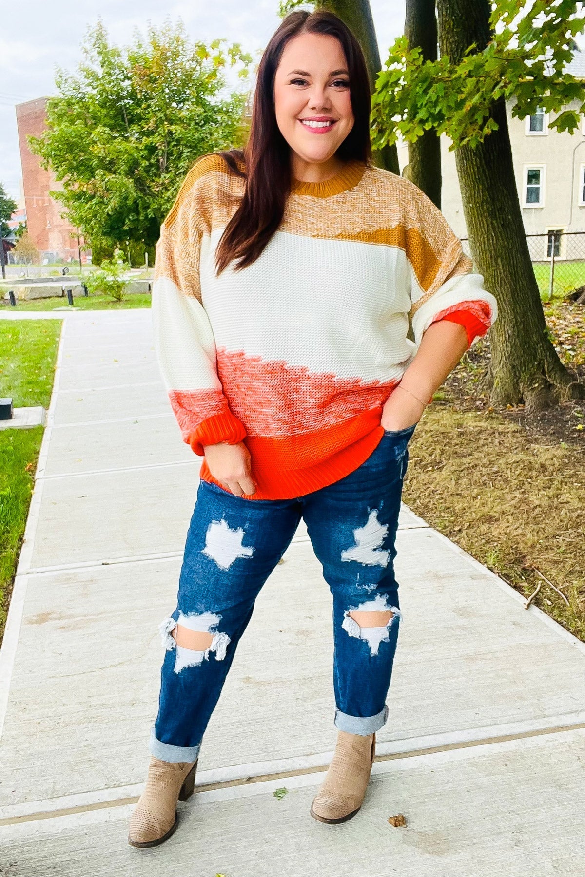 Adorable You Camel & Orange Color Block Sweater (Open Pack)