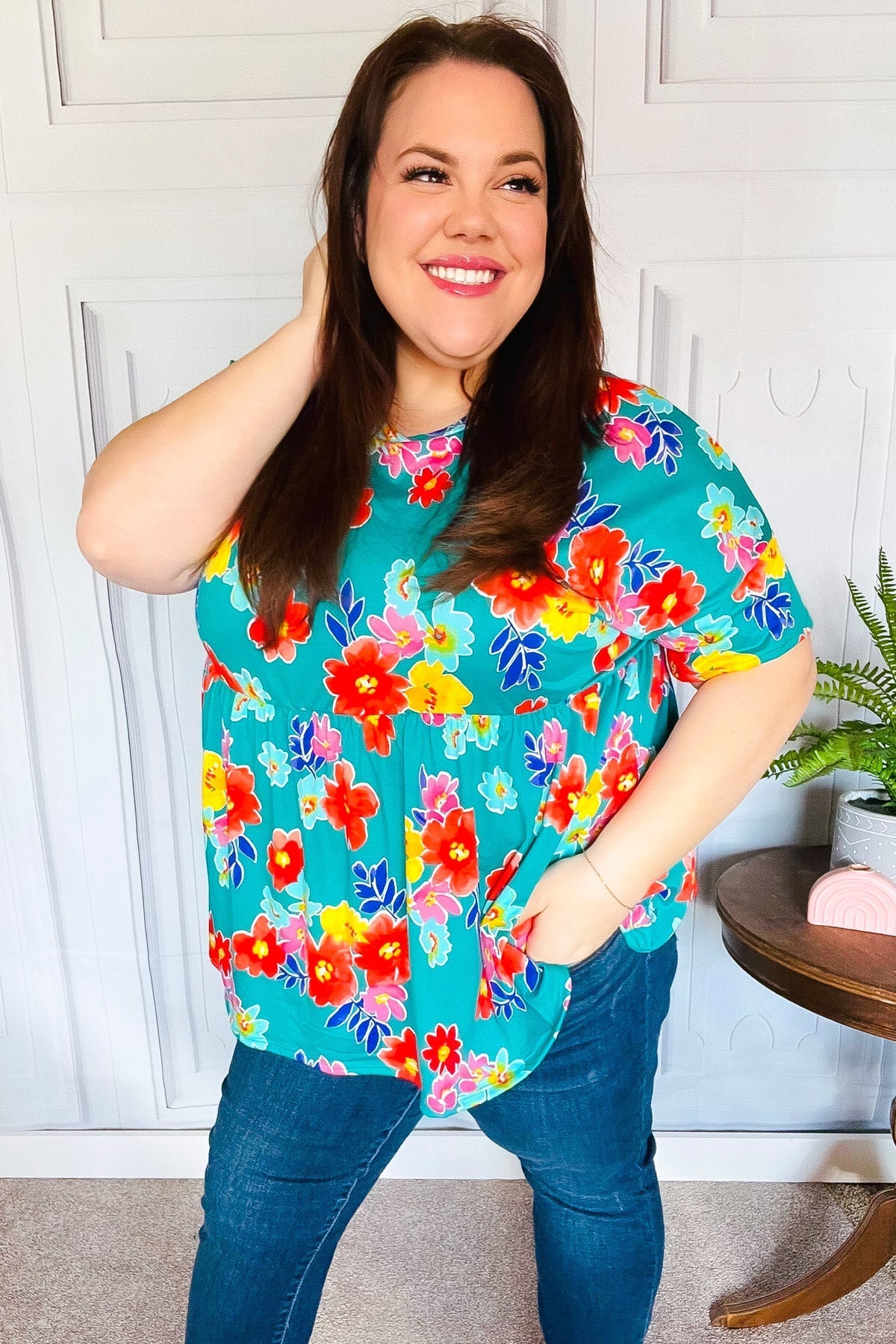 Take Me Away Teal Floral Drop Shoulder Babydoll Top (Open Pack)