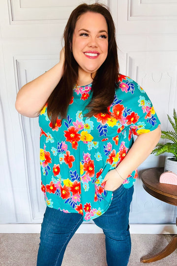 Take Me Away Teal Floral Drop Shoulder Babydoll Top (Open Pack)