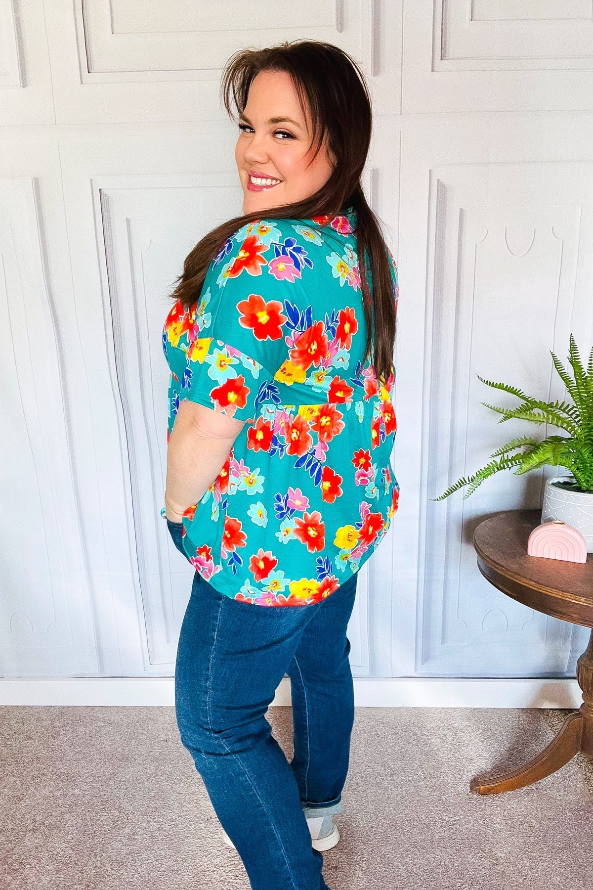 Take Me Away Teal Floral Drop Shoulder Babydoll Top (Open Pack)