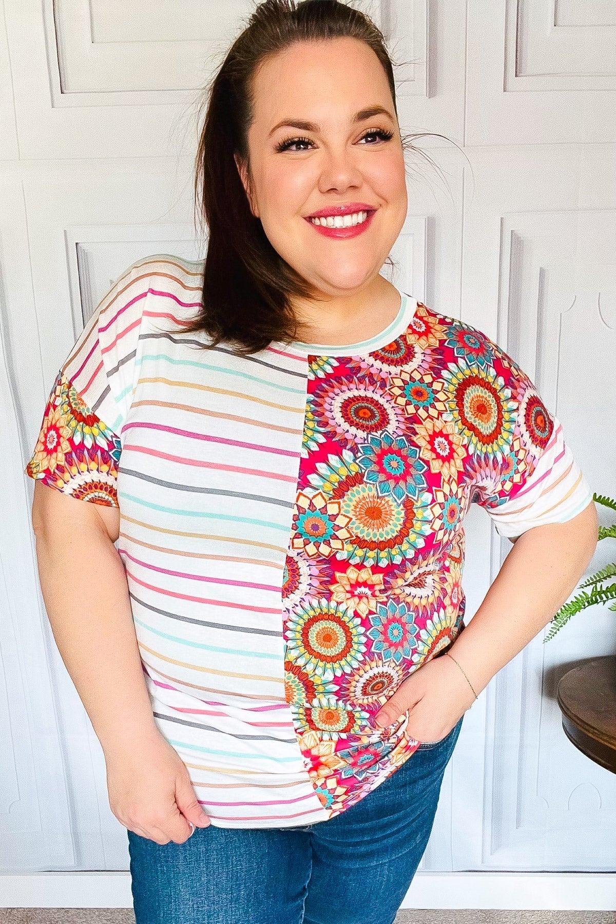 Always Fun Ivory & Fuchsia Stripe and Crochet Print Top (Open Pack)