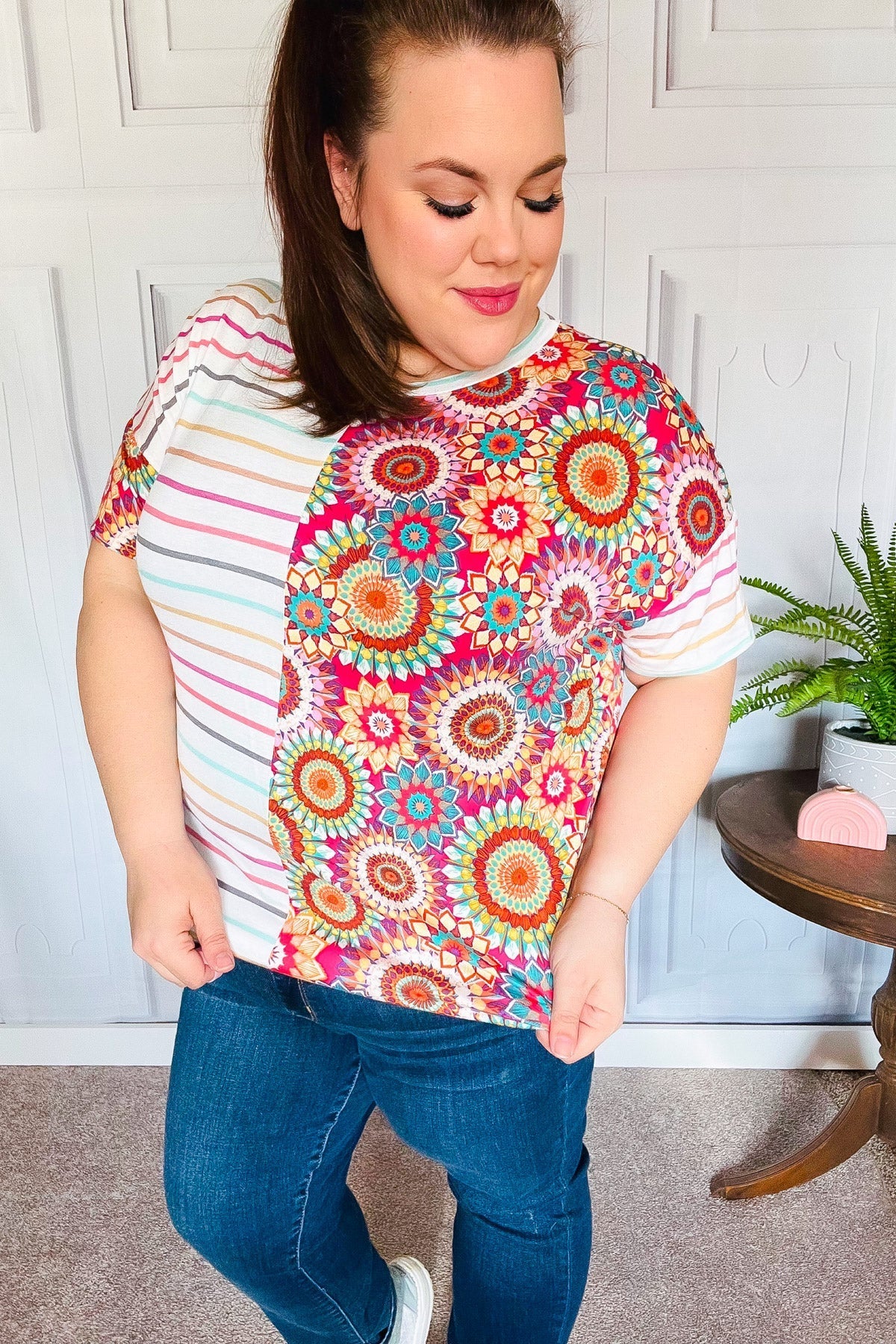 Always Fun Ivory & Fuchsia Stripe and Crochet Print Top (Open Pack)