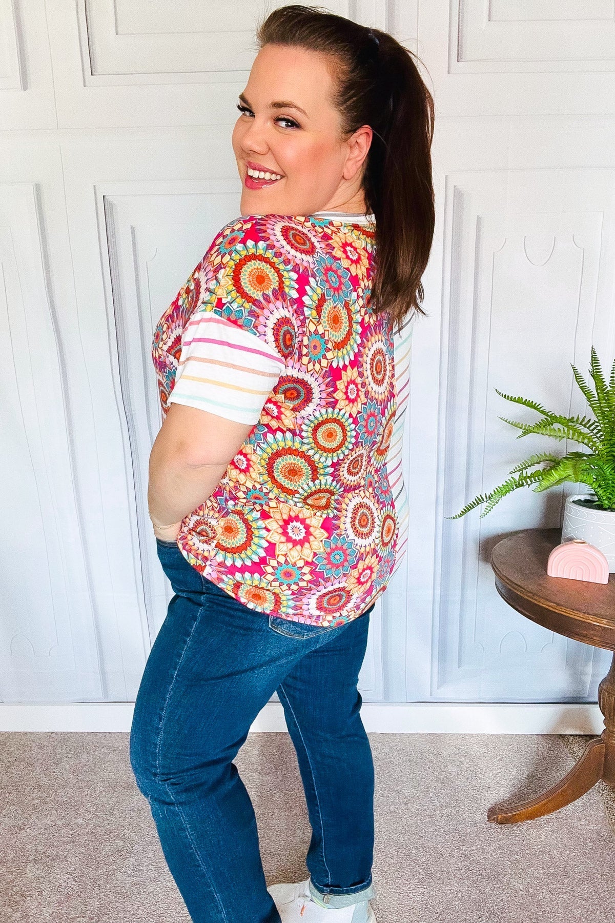 Always Fun Ivory & Fuchsia Stripe and Crochet Print Top (Open Pack)