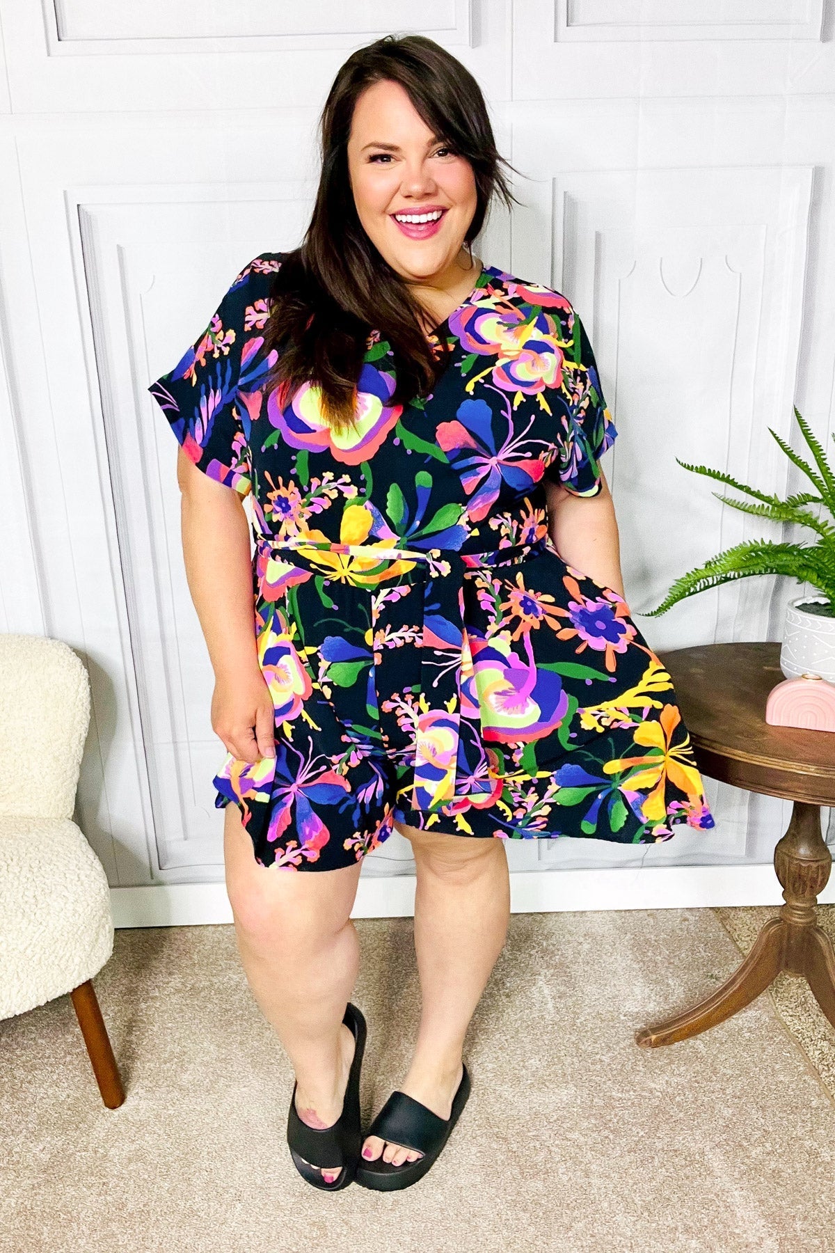 Live For Today Black Floral Surplice Woven Romper (Open Pack)
