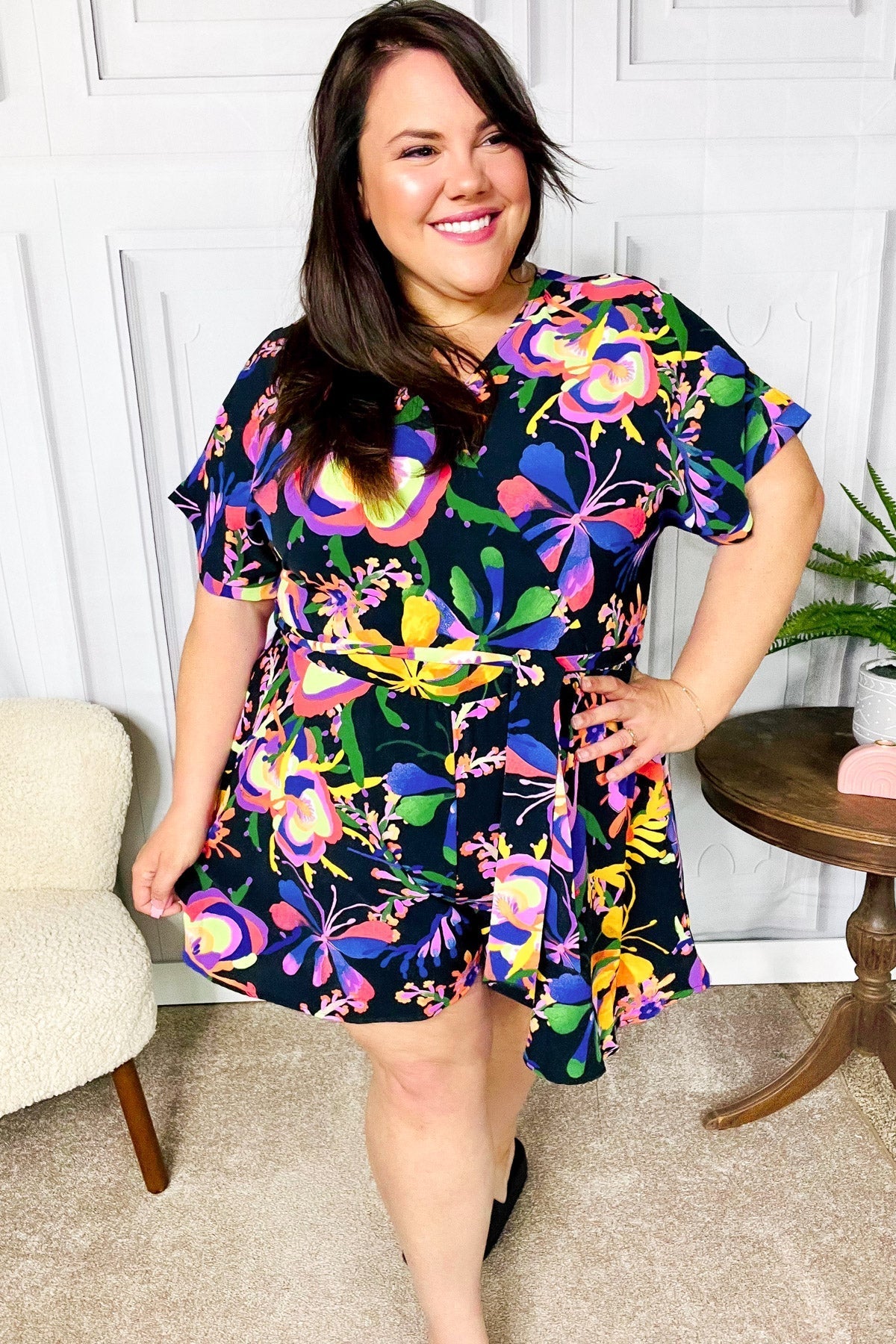 Live For Today Black Floral Surplice Woven Romper (Open Pack)