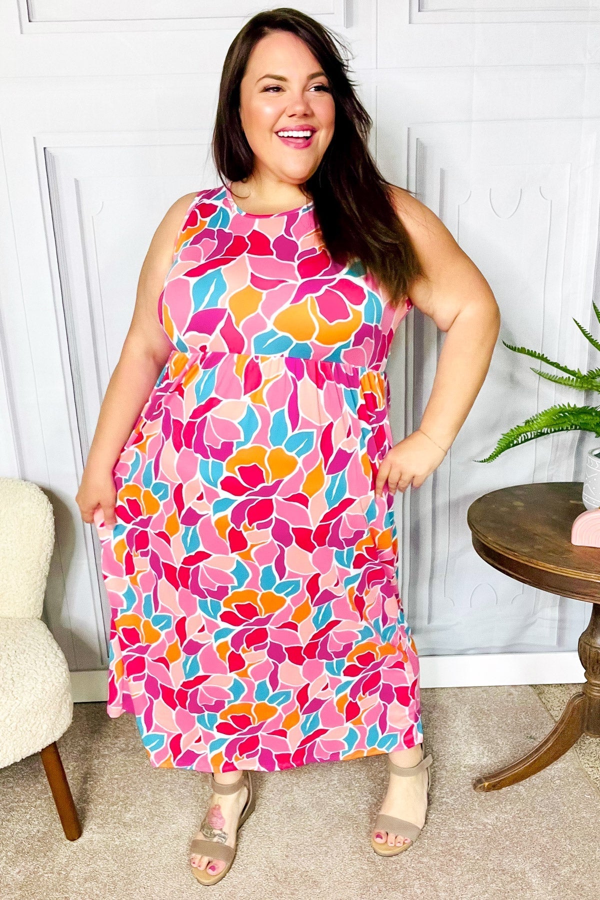 Hello Beautiful Fuchsia Abstract Floral Fit & Flare Maxi Dress (Open Pack)