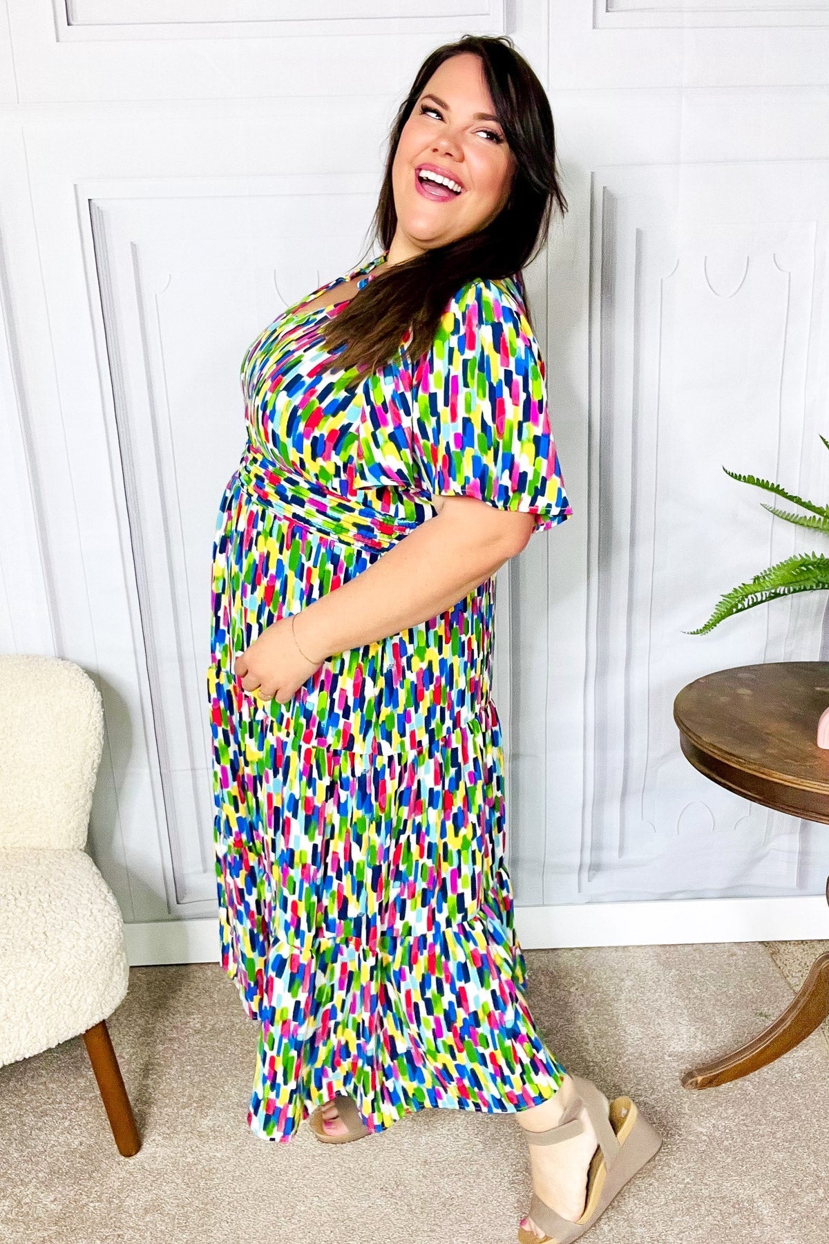 All For You Navy Multicolor Abstract Print Smocked Waist Maxi Dress (Open Pack)