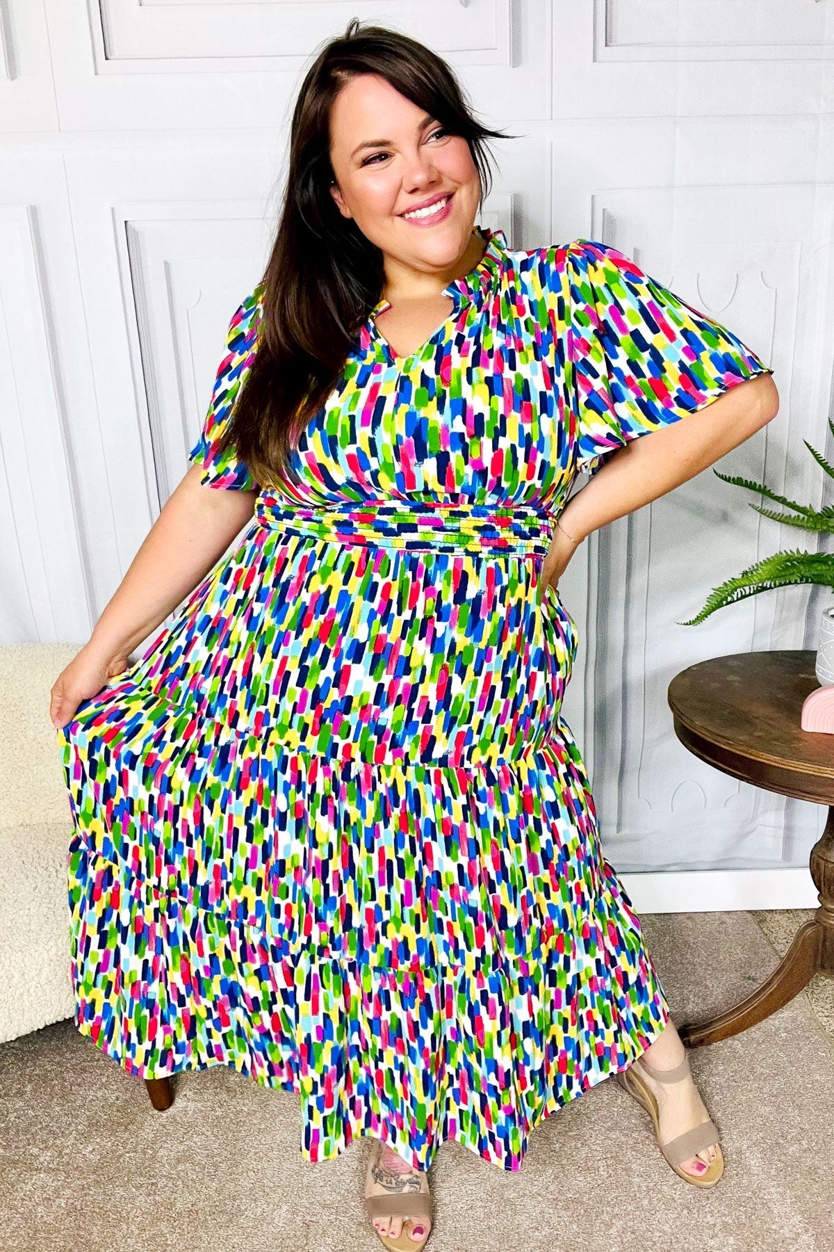 All For You Navy Multicolor Abstract Print Smocked Waist Maxi Dress (Open Pack)