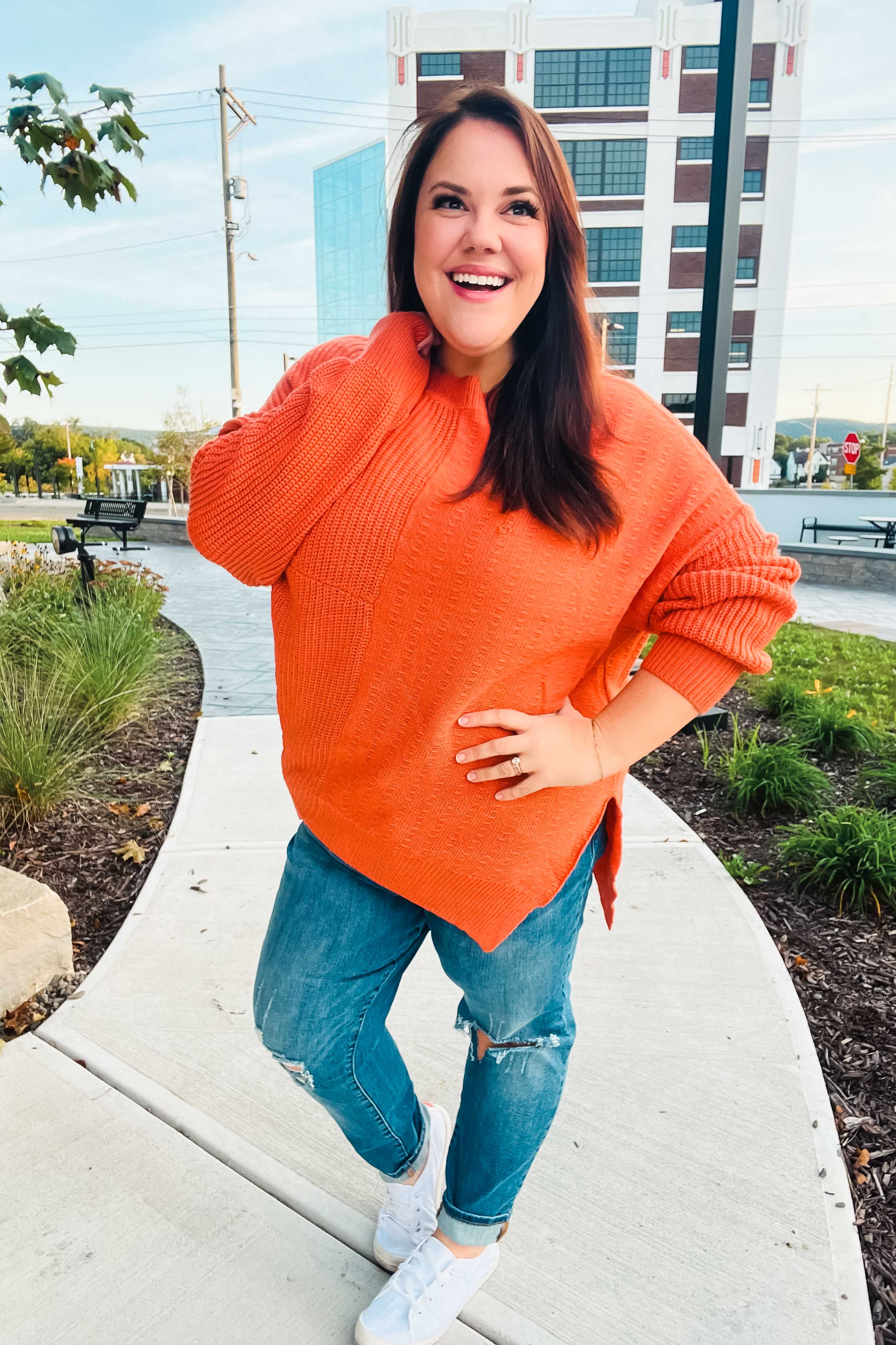 Autumn Vibes Pumpkin Asymmetrical Knit Sweater (Open Pack)