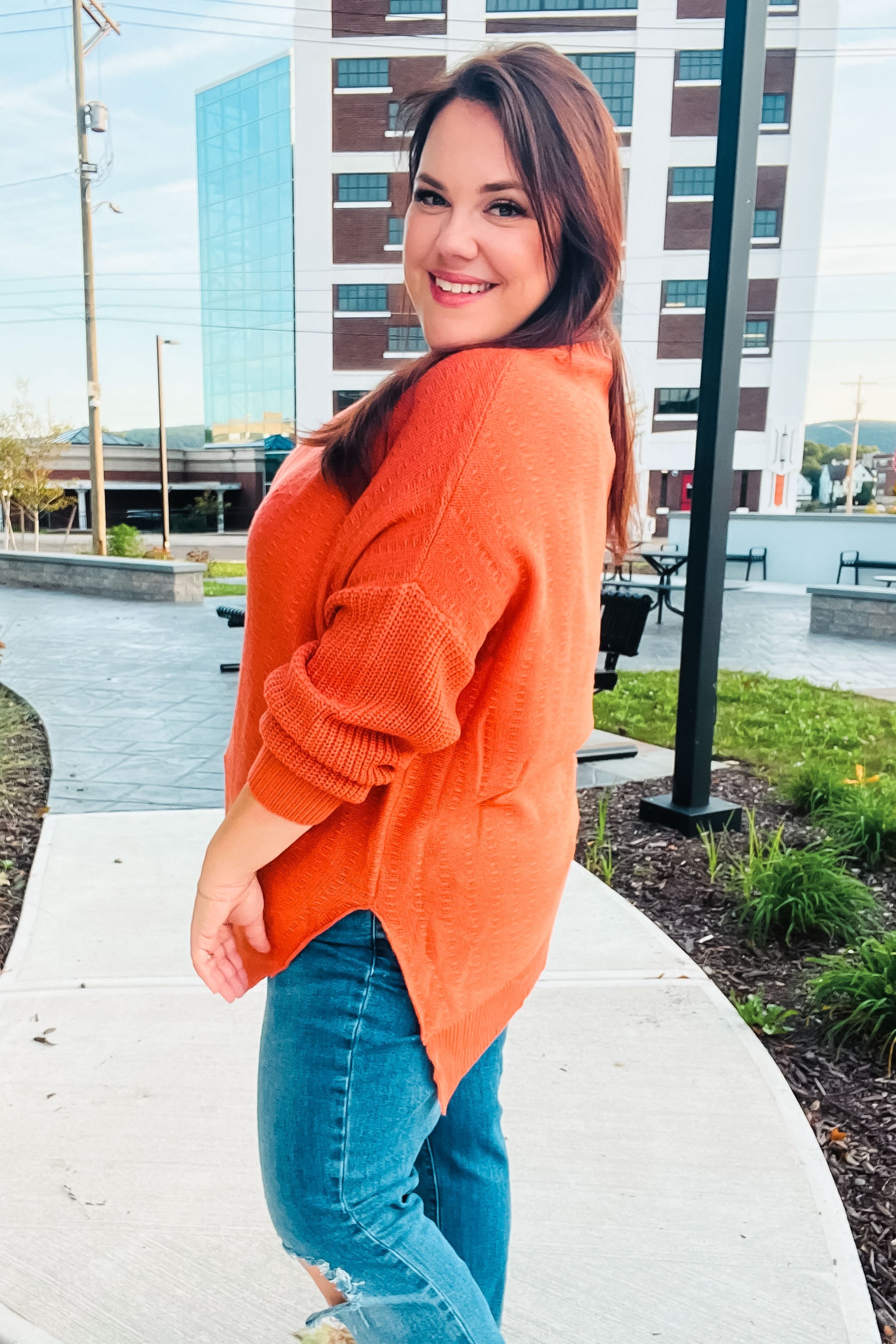 Autumn Vibes Pumpkin Asymmetrical Knit Sweater (Open Pack)