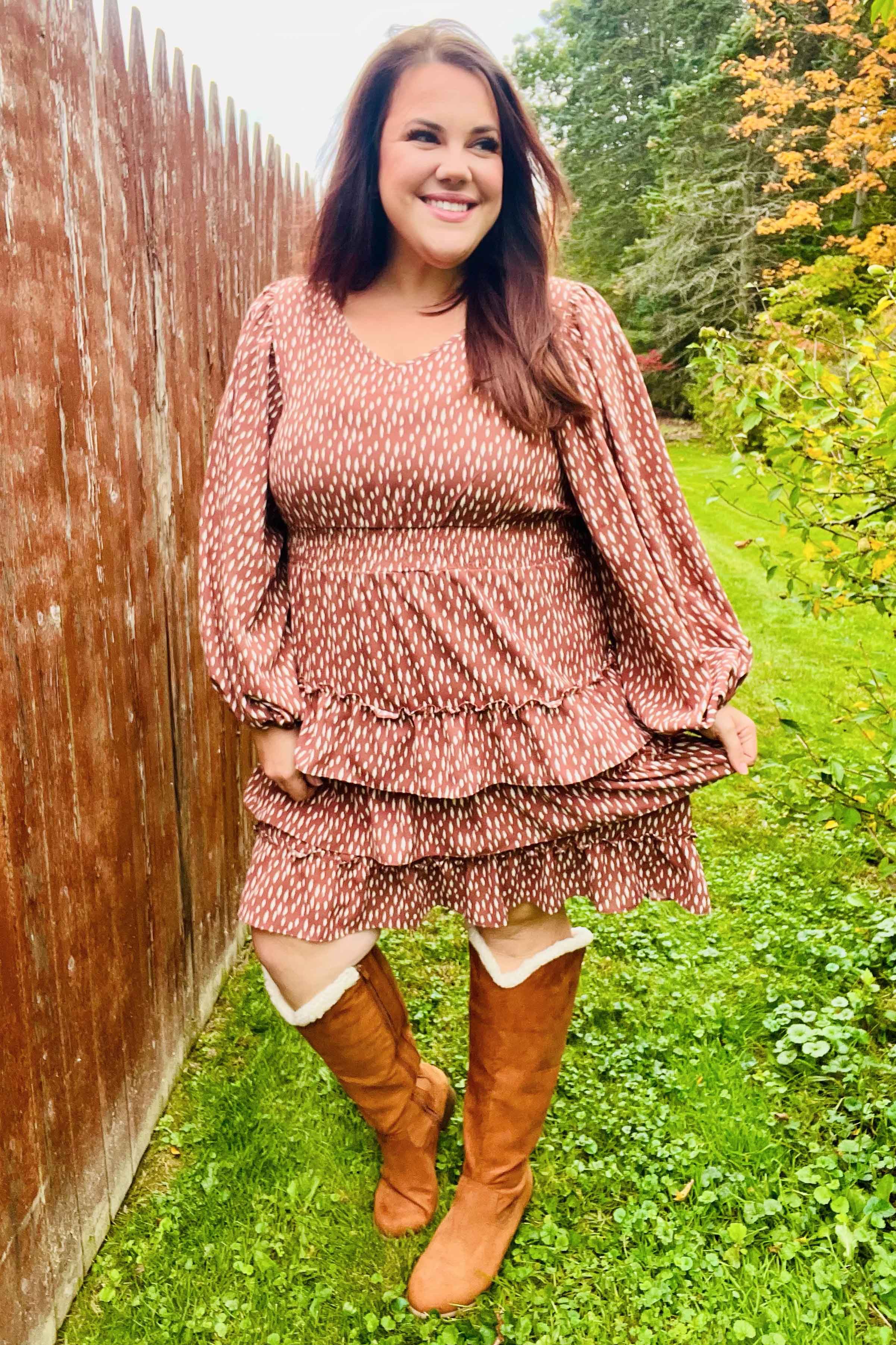 Feminine Flair Terracotta Leopard Print Ruffle Tiered Dress (Open Pack)