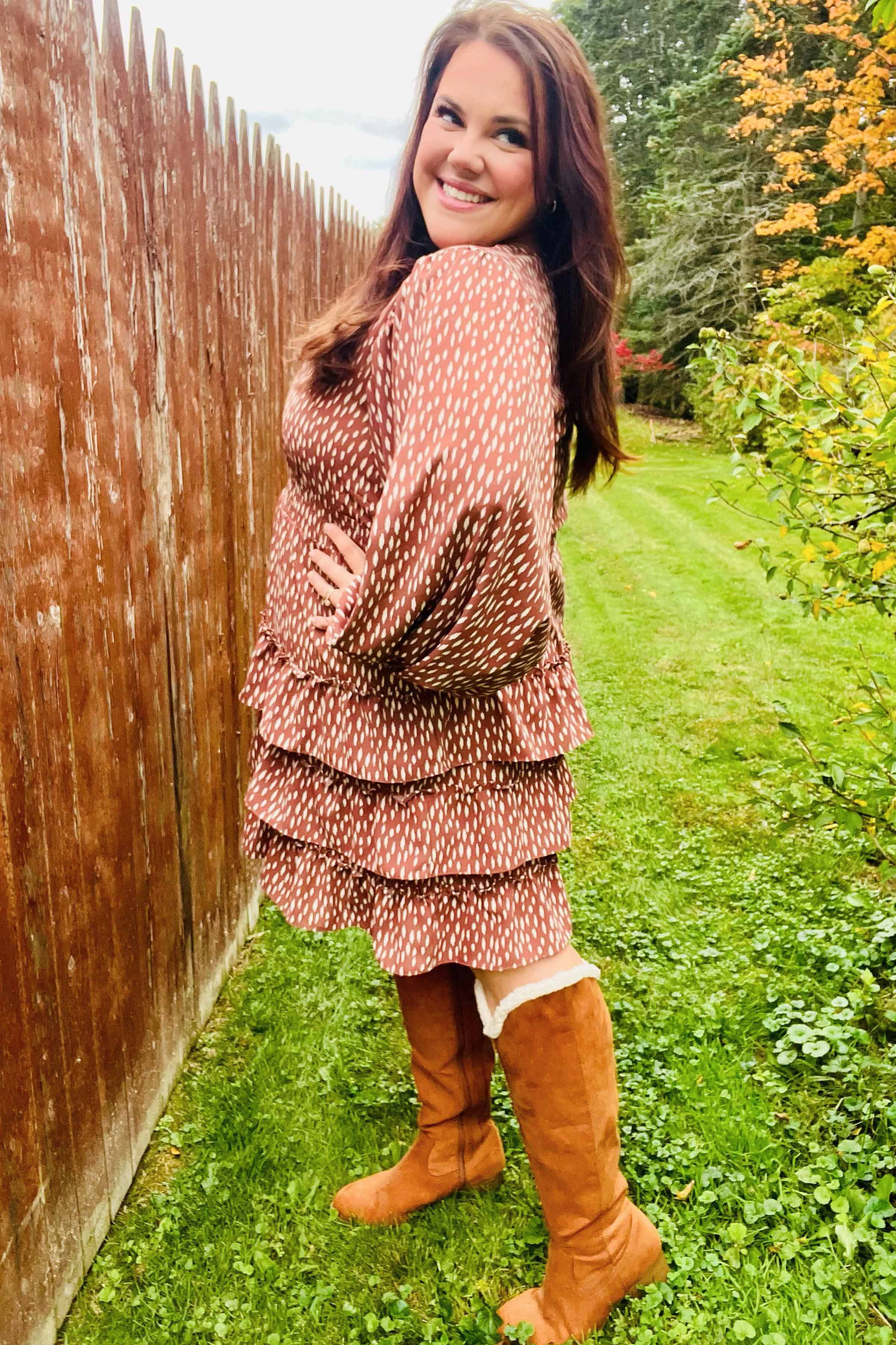 Feminine Flair Terracotta Leopard Print Ruffle Tiered Dress (Open Pack)