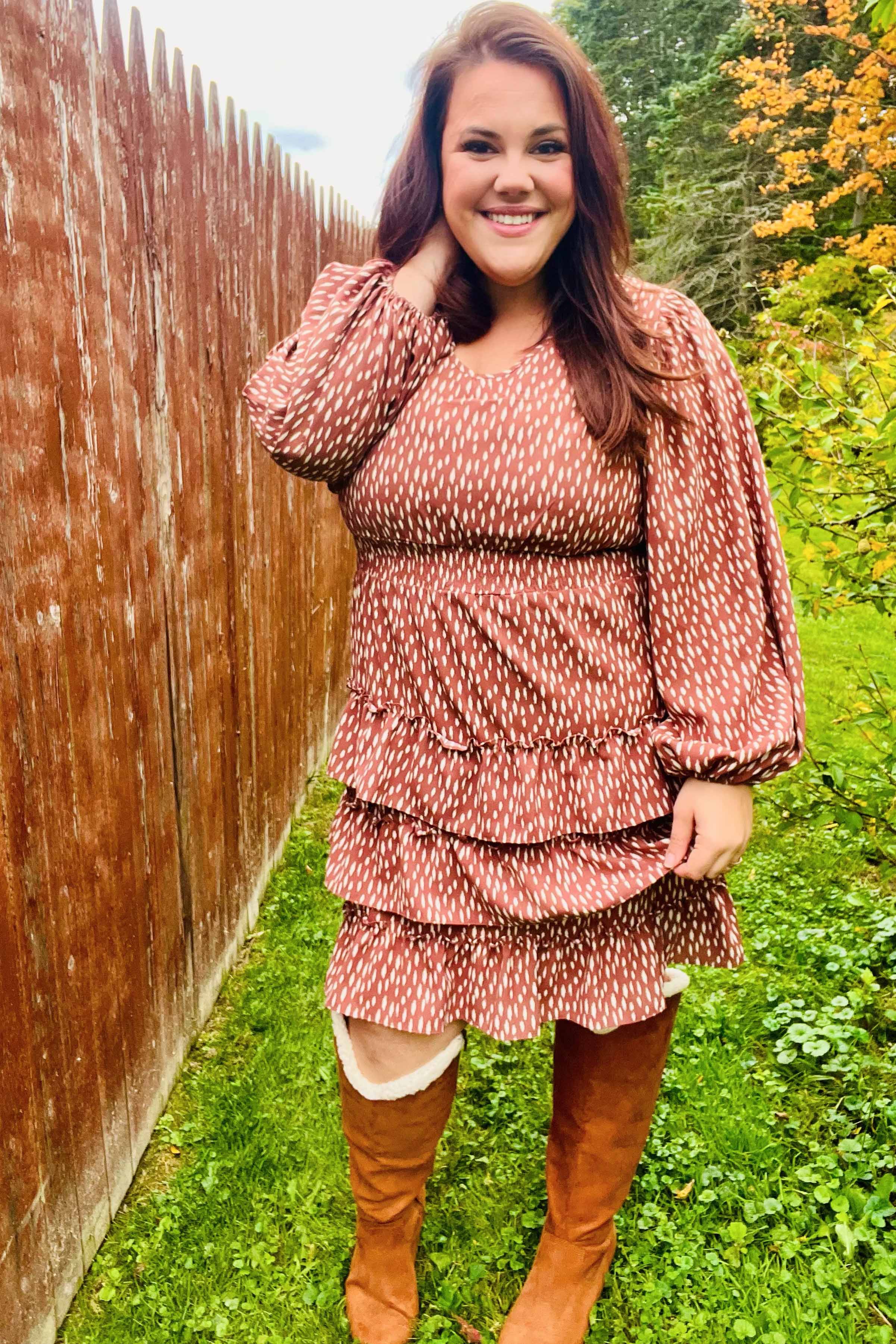 Feminine Flair Terracotta Leopard Print Ruffle Tiered Dress (Open Pack)
