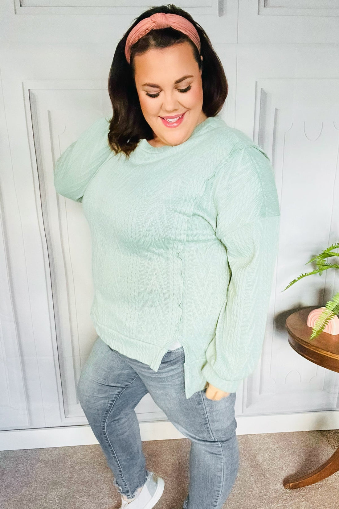 Back to Basics Sage Jacquard Cable Pullover Top (Open Pack)