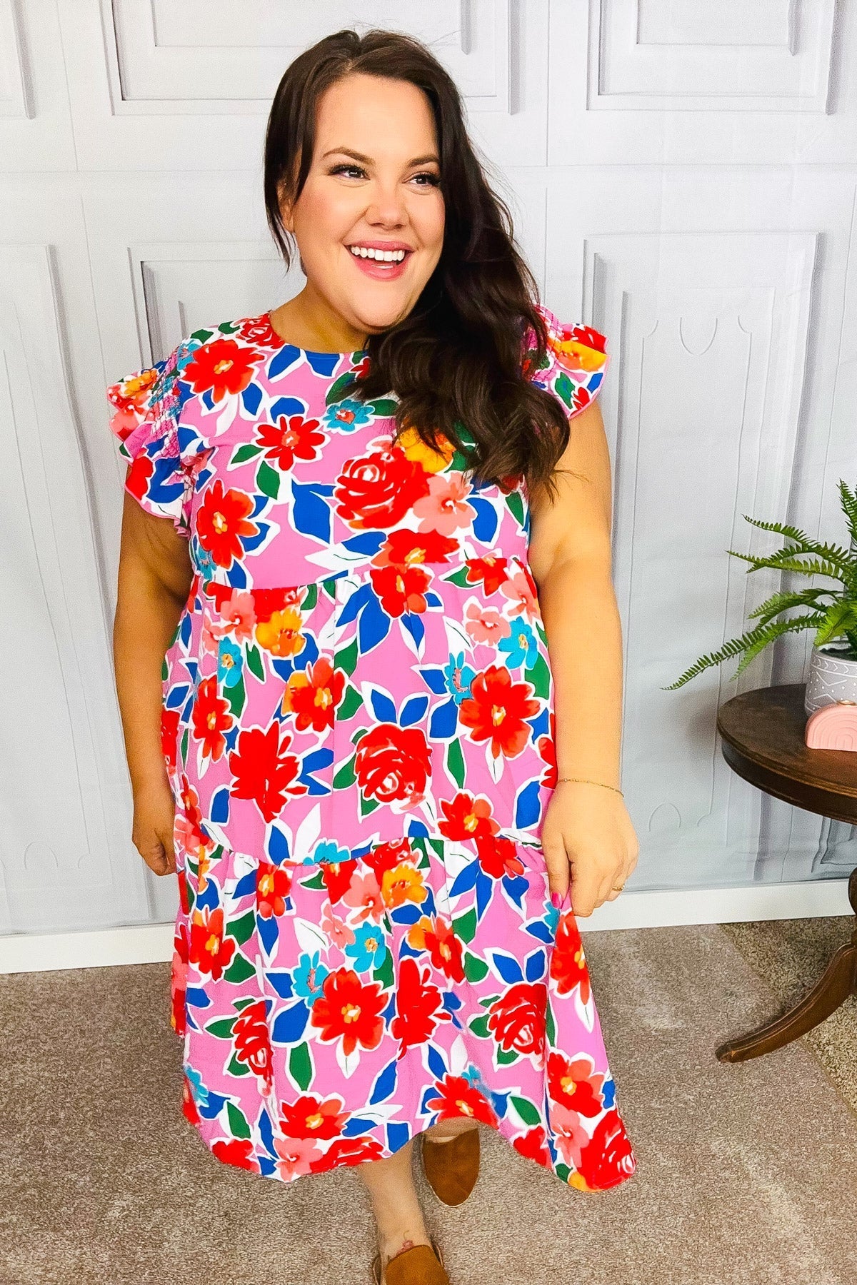Love Found Pink Floral Smocked Ruffle Sleeve Tiered Dress (Open Pack)