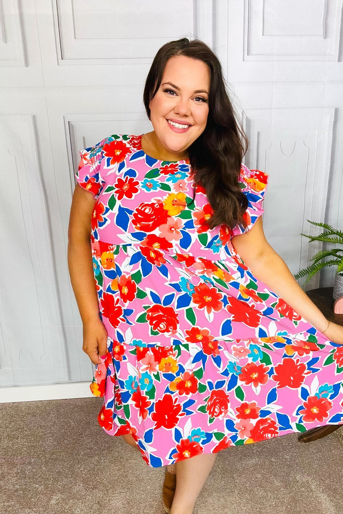 Love Found Pink Floral Smocked Ruffle Sleeve Tiered Dress (Open Pack)