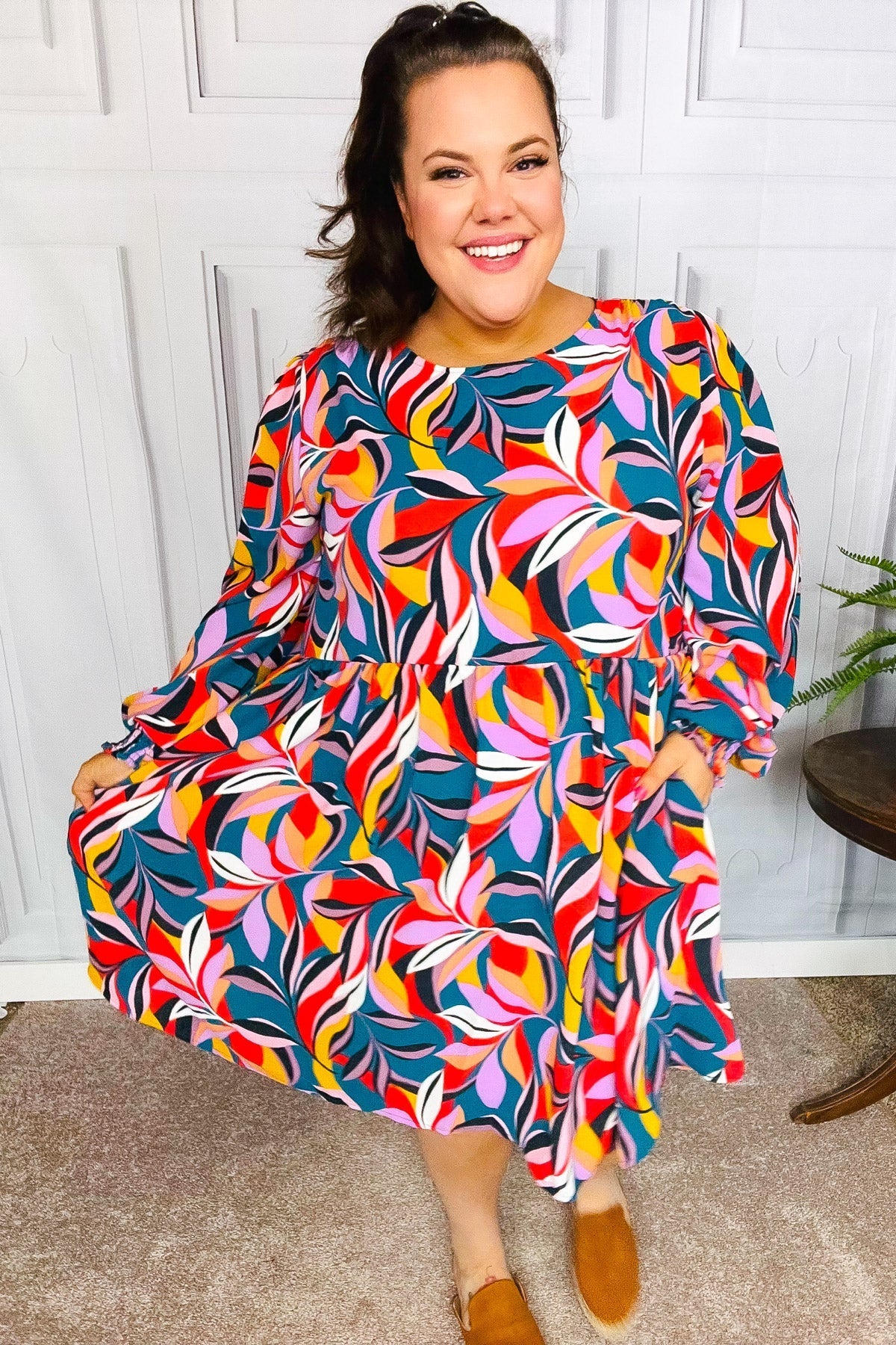 Perfectly You Teal Abstract Print Smocked Cuff Bubble Sleeve Dress (Open Pack)