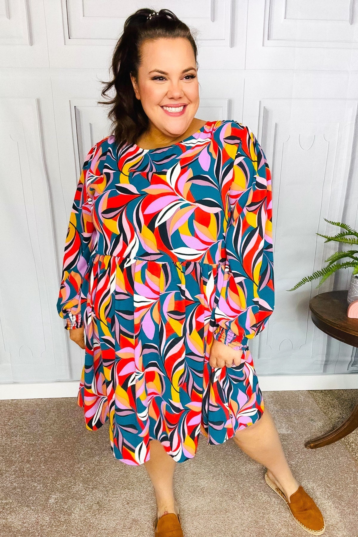 Perfectly You Teal Abstract Print Smocked Cuff Bubble Sleeve Dress (Open Pack)