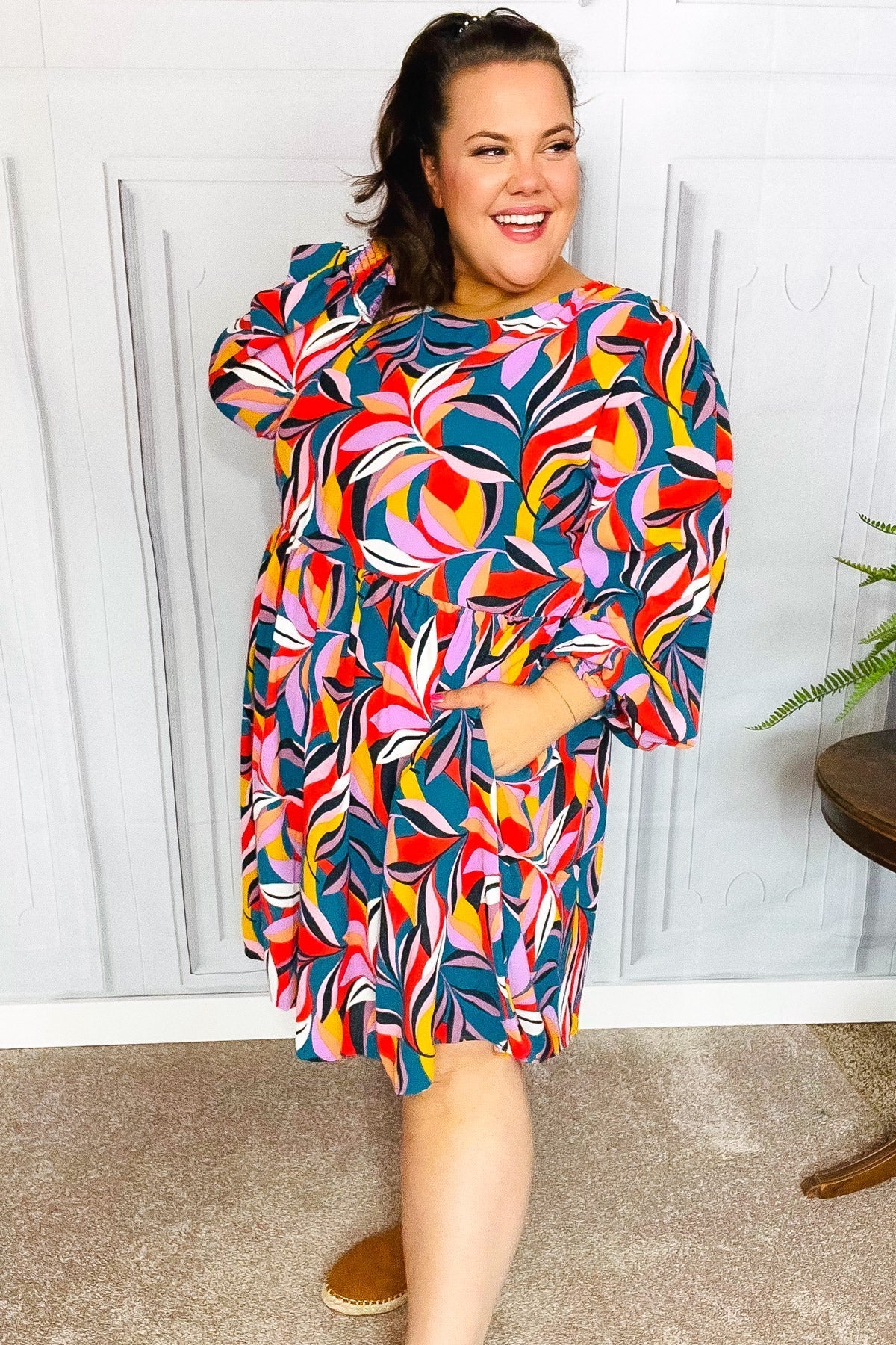 Perfectly You Teal Abstract Print Smocked Cuff Bubble Sleeve Dress (Open Pack)