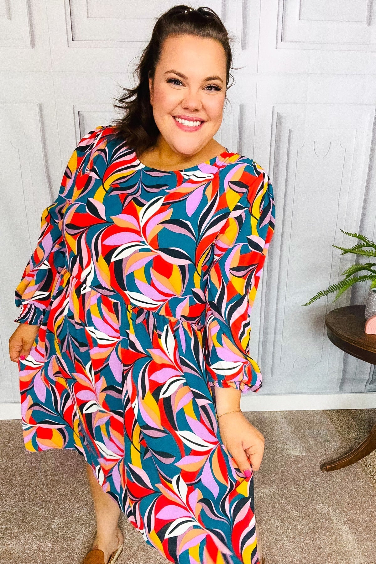 Perfectly You Teal Abstract Print Smocked Cuff Bubble Sleeve Dress (Open Pack)
