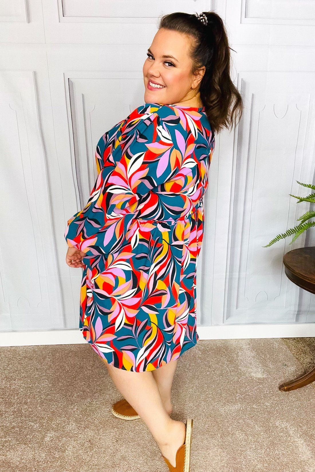 Perfectly You Teal Abstract Print Smocked Cuff Bubble Sleeve Dress (Open Pack)
