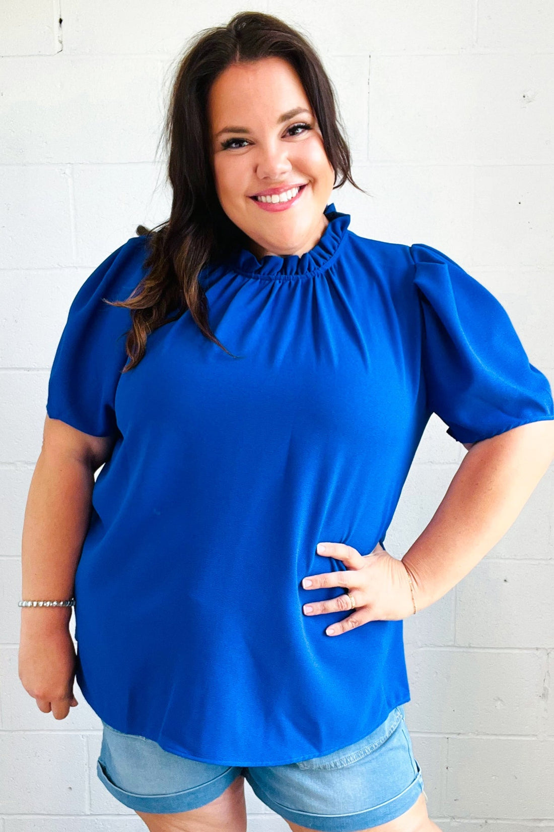 Lovely In Blue Frill Mock Neck Woven Top (Open Pack)