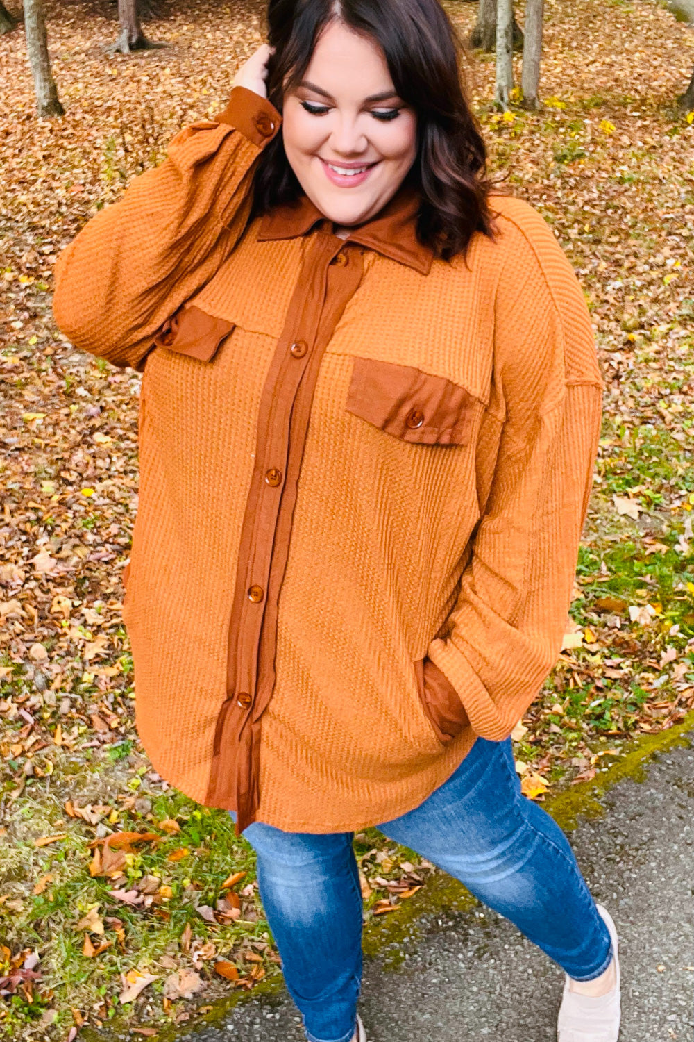 Rust Waffle Button Down Oversized Shacket (Open Pack)