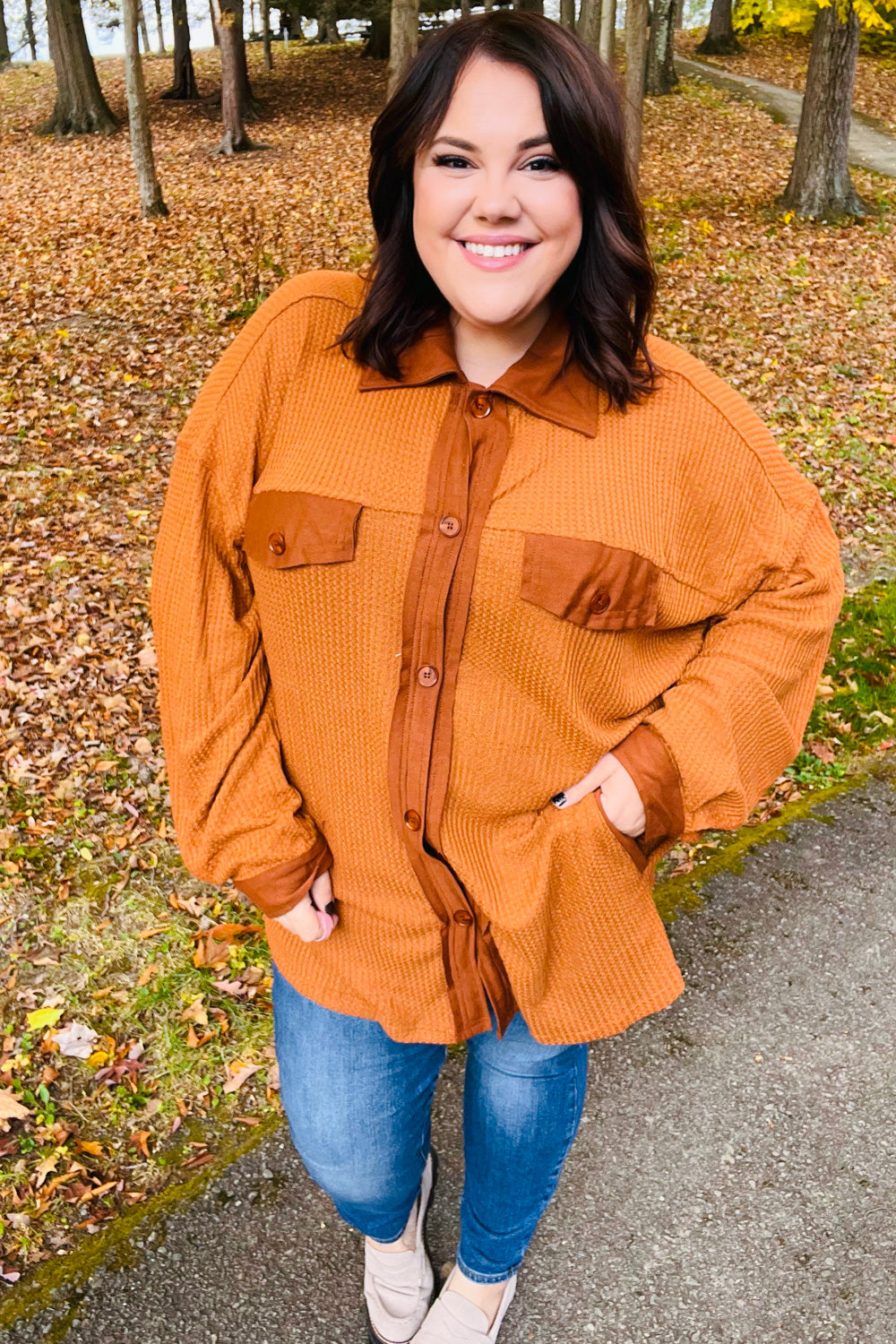 Rust Waffle Button Down Oversized Shacket (Open Pack)
