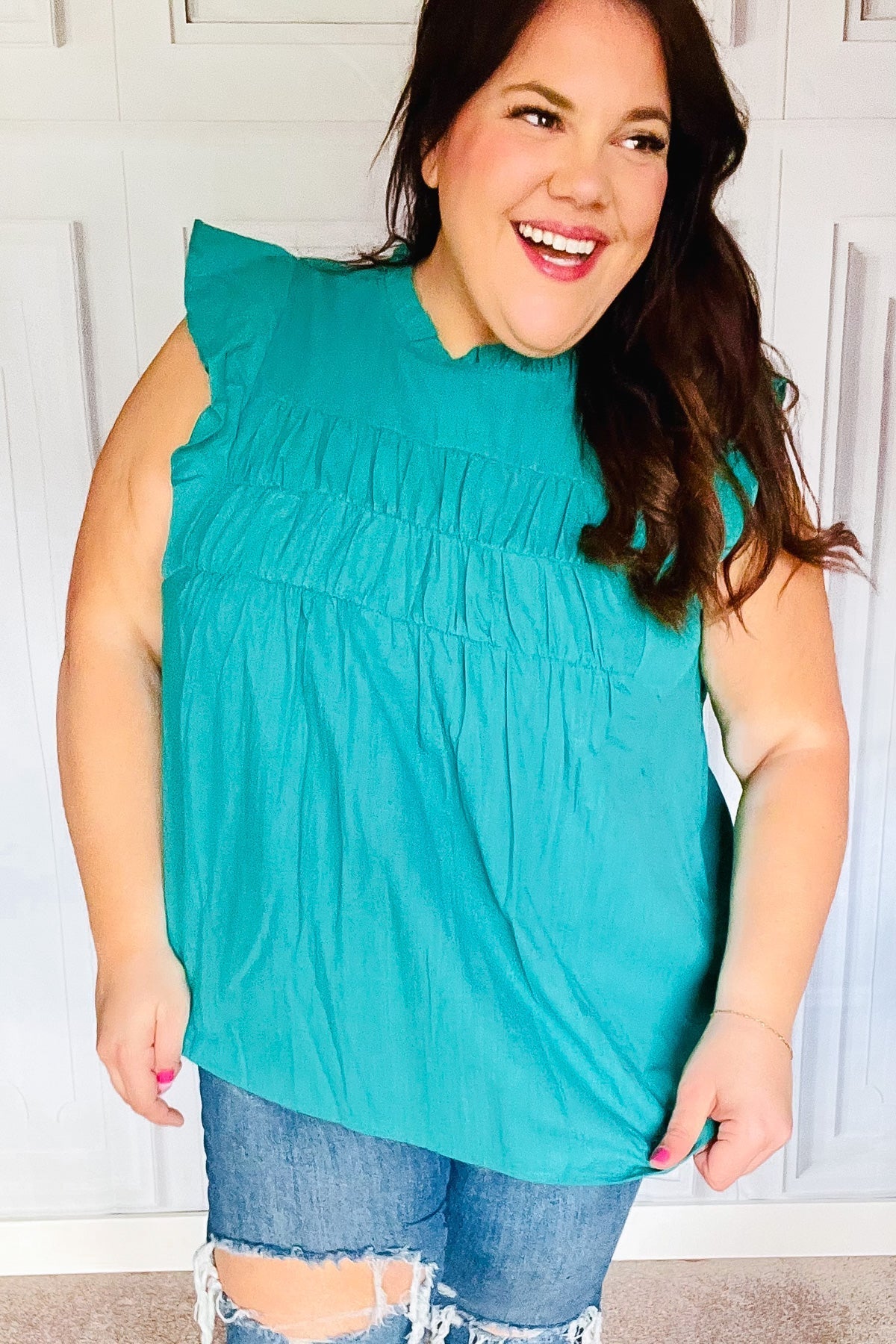 Love Life Cotton Turquoise Frill Mock Neck Flutter Sleeve Top (Open Pack)