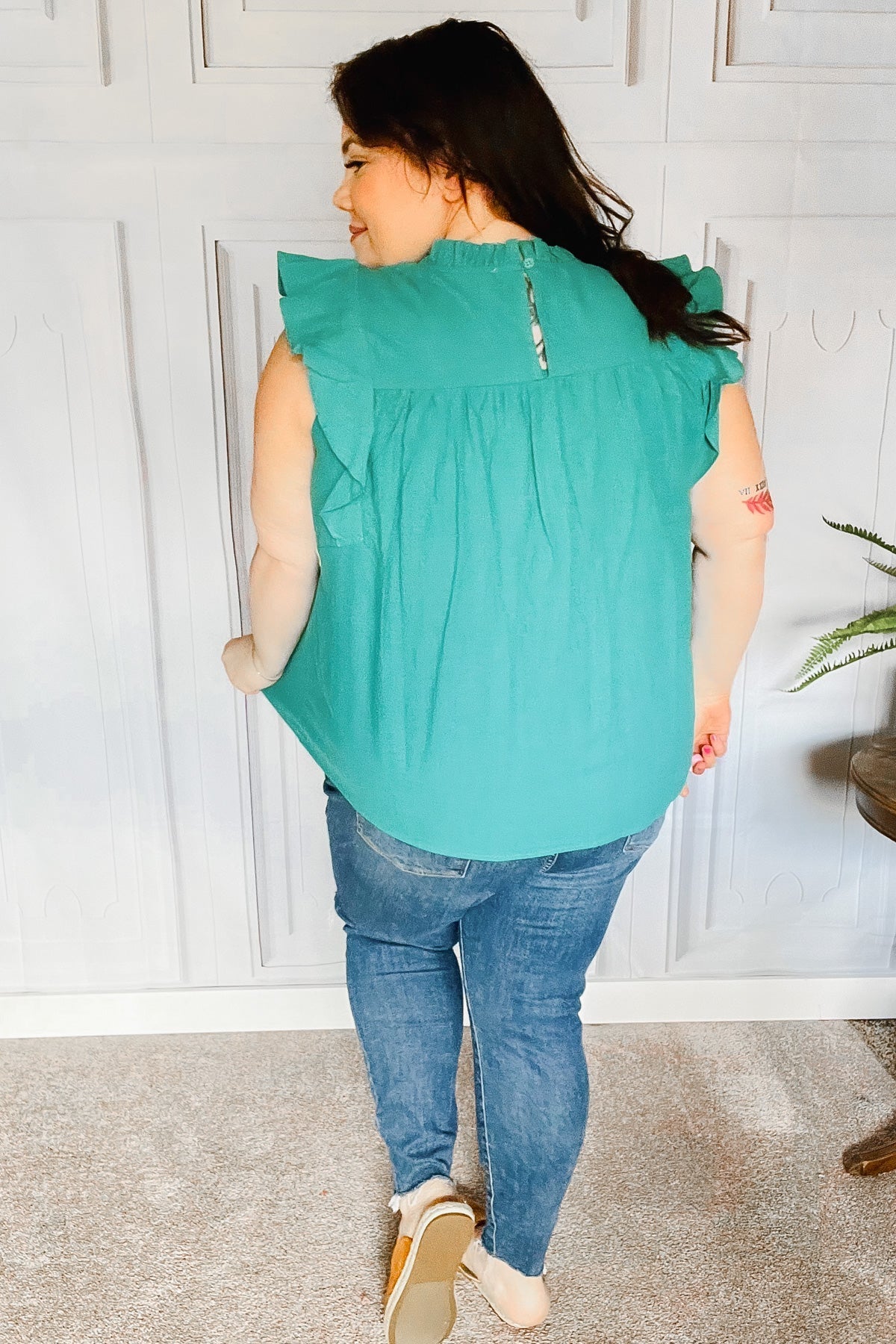 Love Life Cotton Turquoise Frill Mock Neck Flutter Sleeve Top (Open Pack)