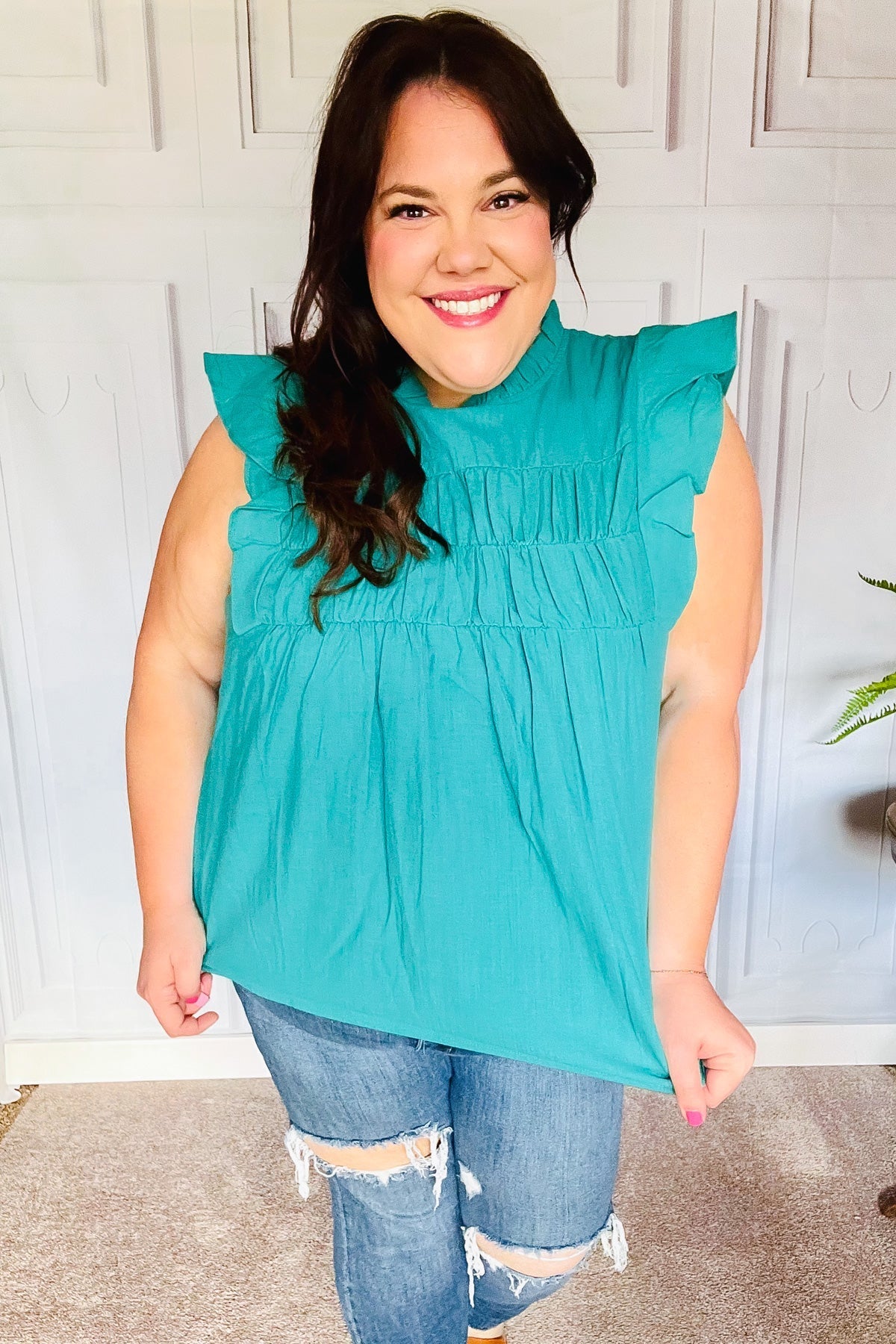 Love Life Cotton Turquoise Frill Mock Neck Flutter Sleeve Top (Open Pack)