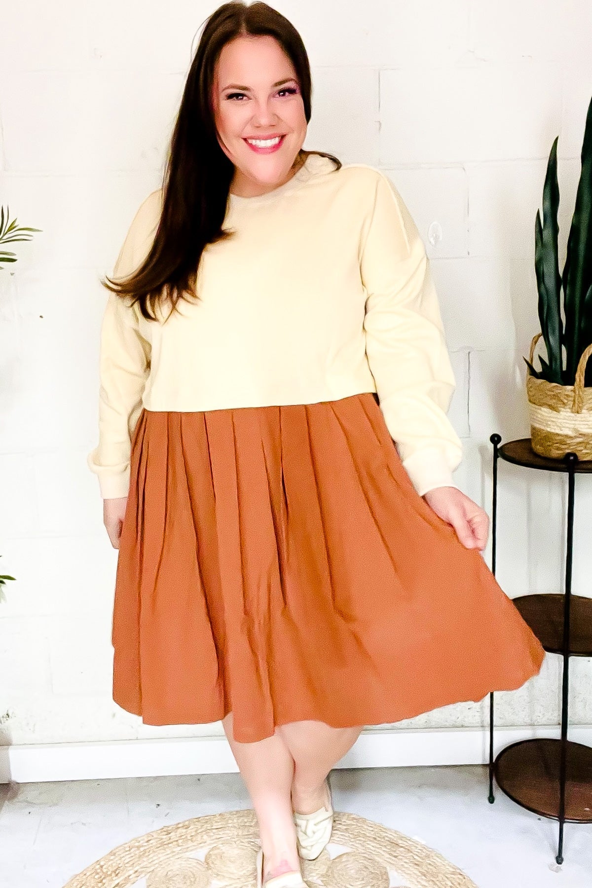 Bedazzled Cream & Rust Pleated Skirt French Terry Cotton Dress (Open Pack)