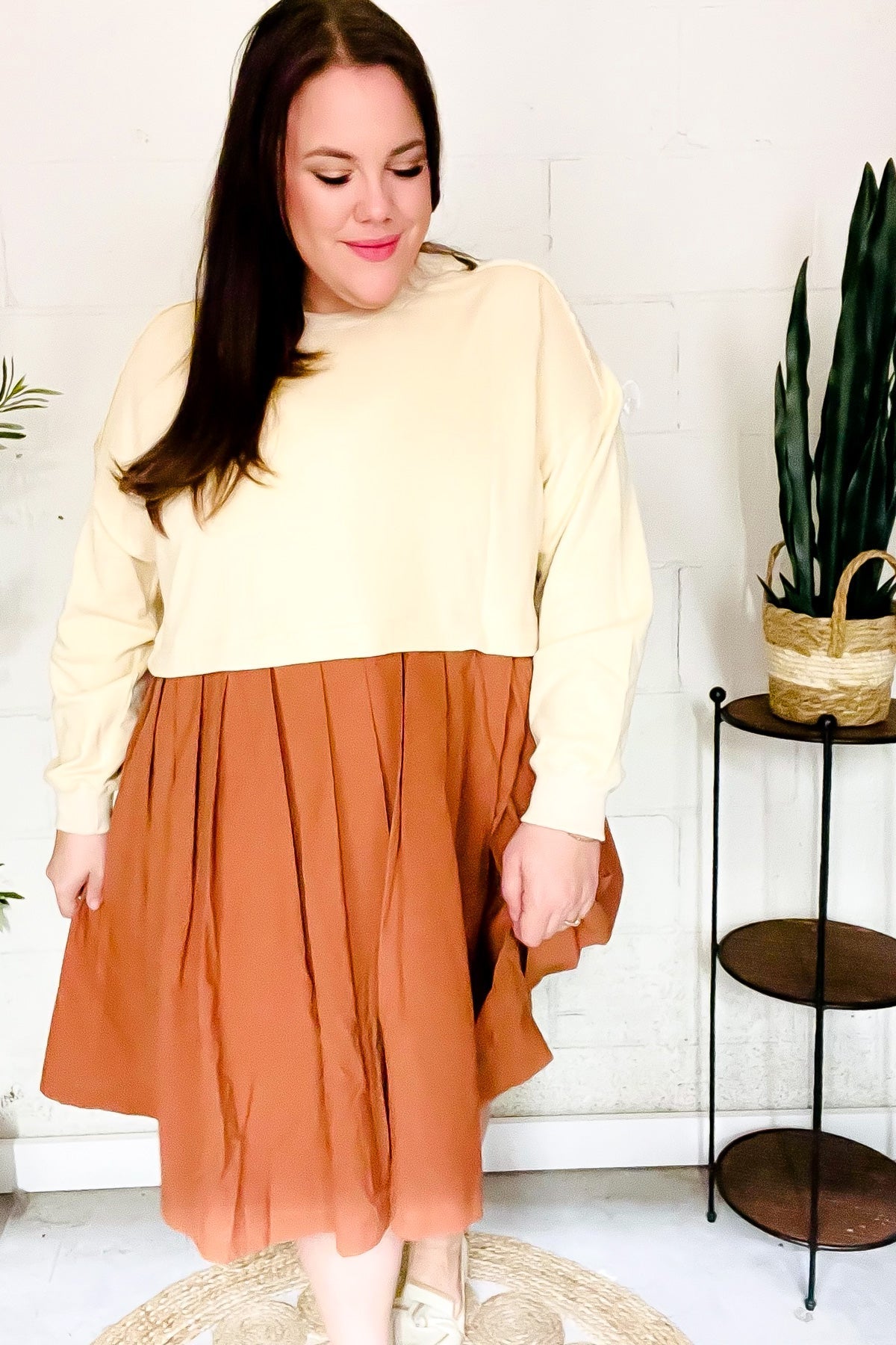 Bedazzled Cream & Rust Pleated Skirt French Terry Cotton Dress (Open Pack)