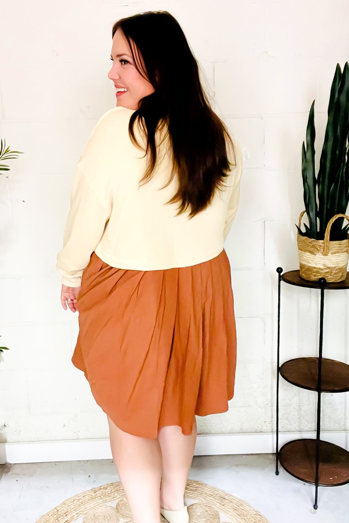 Bedazzled Cream & Rust Pleated Skirt French Terry Cotton Dress (Open Pack)