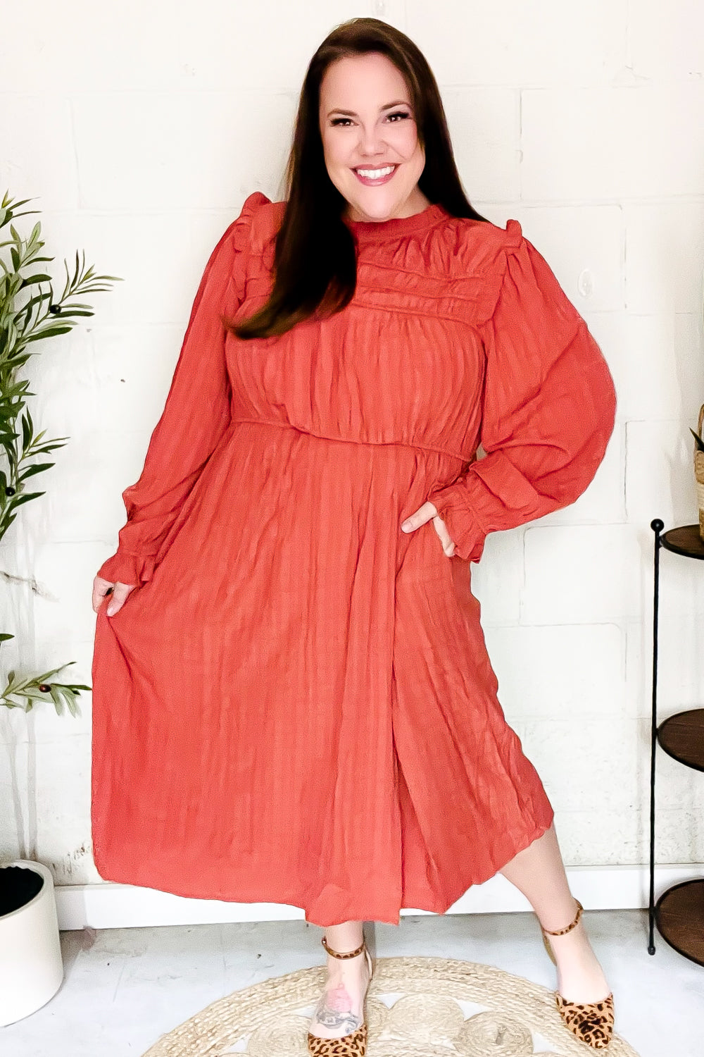 Love Found Rust Mock Neck Embossed Lined Dress (Open Pack)