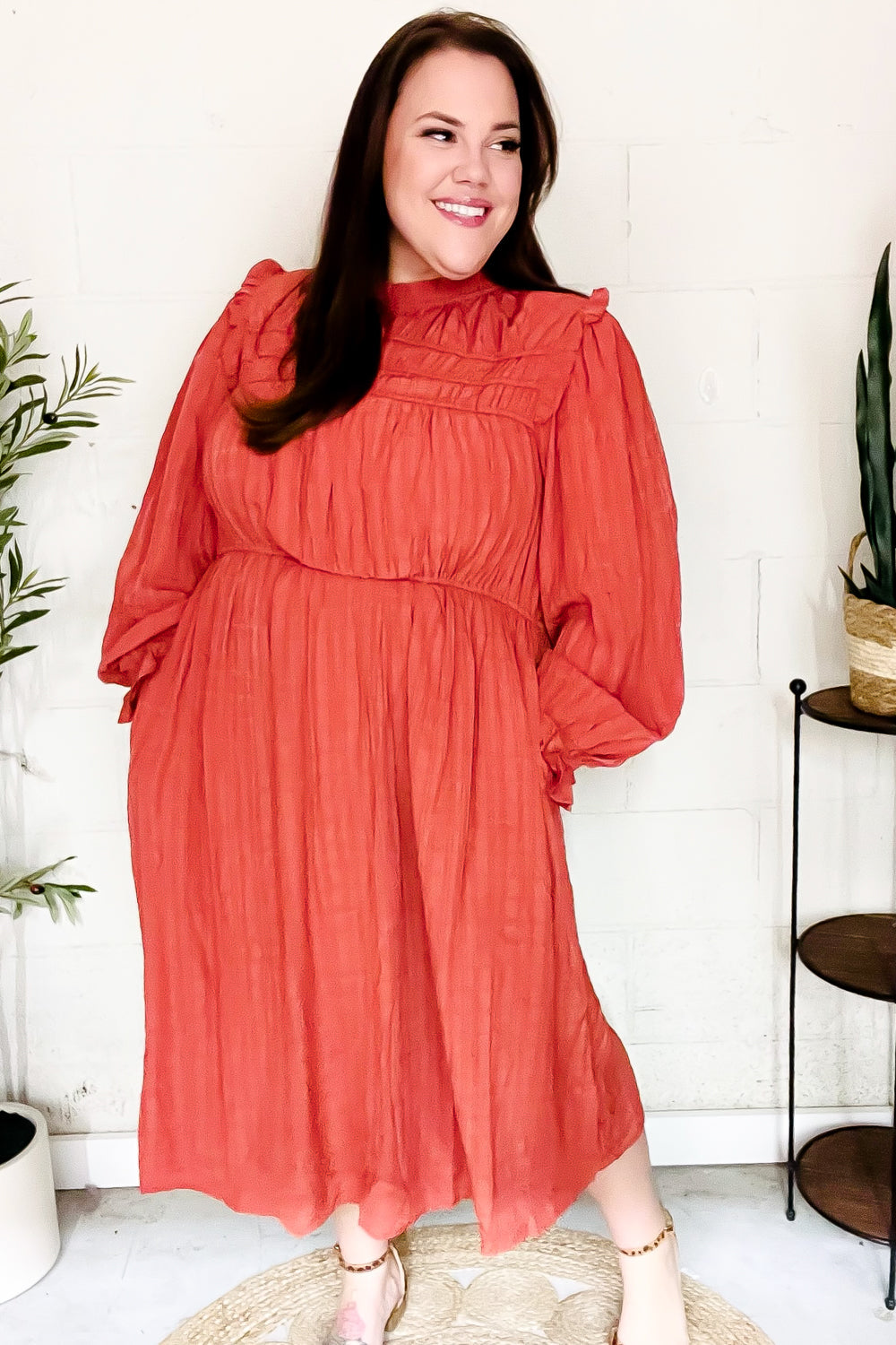 Love Found Rust Mock Neck Embossed Lined Dress (Open Pack)