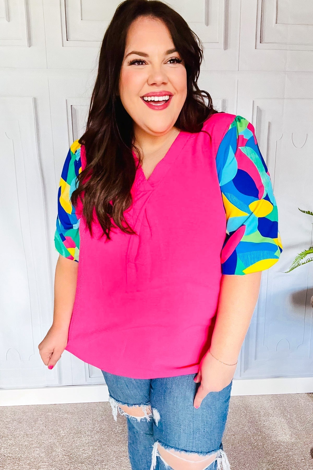 Tell Your Story Fuchsia Geo Print Puff Sleeve V Neck Top (Open Pack)
