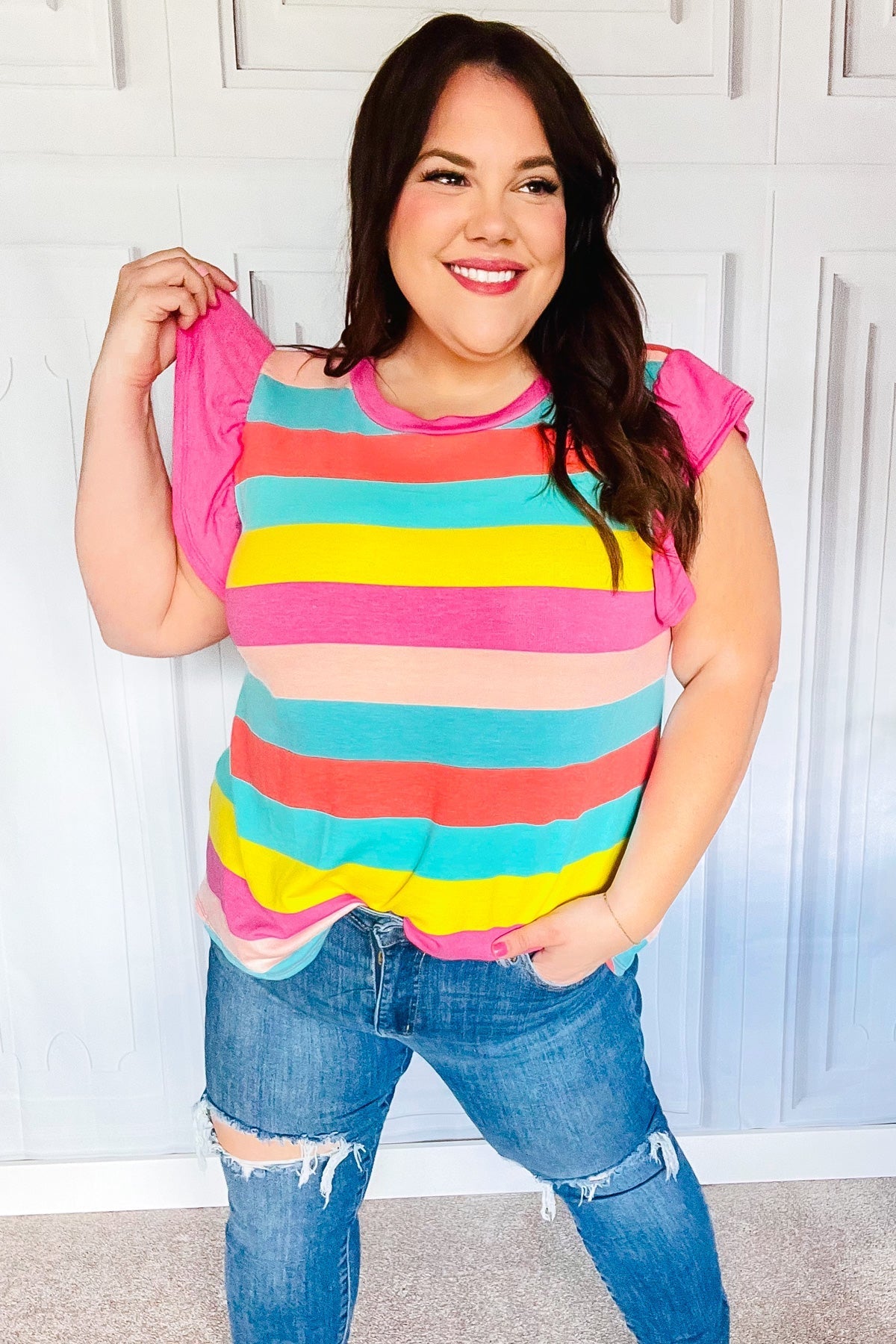 Relaxed Fun Mint & Fuchsia Stripe Flutter Sleeve Terry Knit Top (Open Pack)
