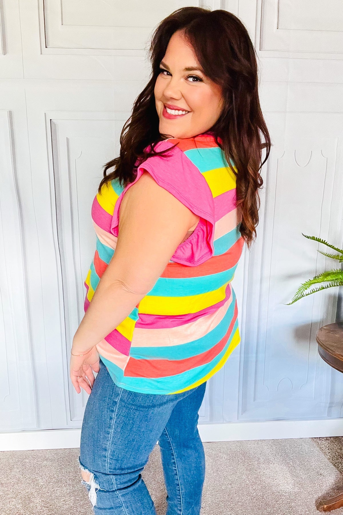 Relaxed Fun Mint & Fuchsia Stripe Flutter Sleeve Terry Knit Top (Open Pack)