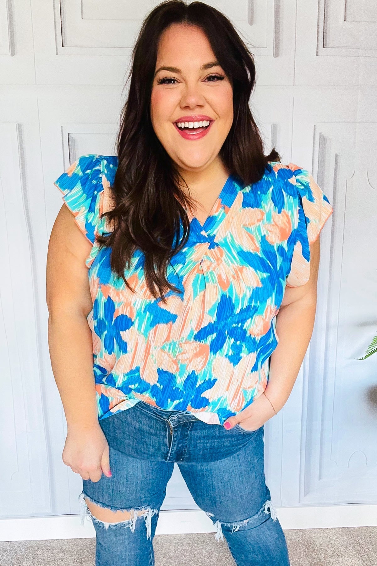 Tropical Breeze Turquoise Floral Banded V Neck Flutter Sleeve Top (Open Pack)