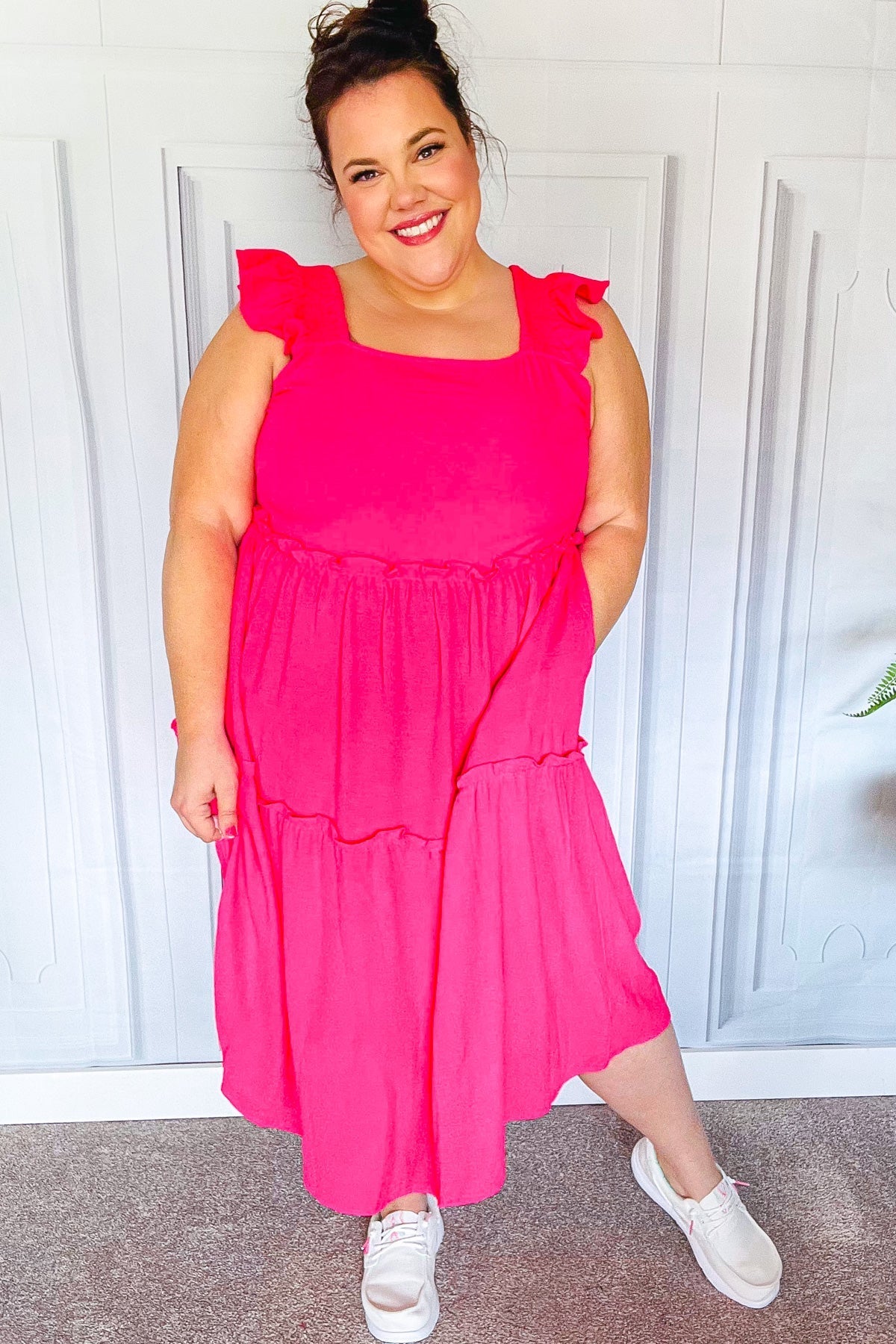 Lots To Love Fuchsia Smocked Flutter Sleeve Tiered Midi Dress (Open Pack)