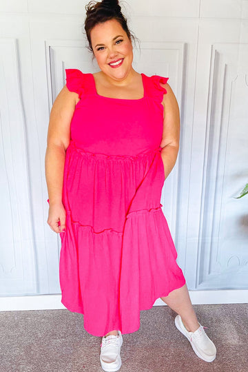 Lots To Love Fuchsia Smocked Flutter Sleeve Tiered Midi Dress (Open Pack)