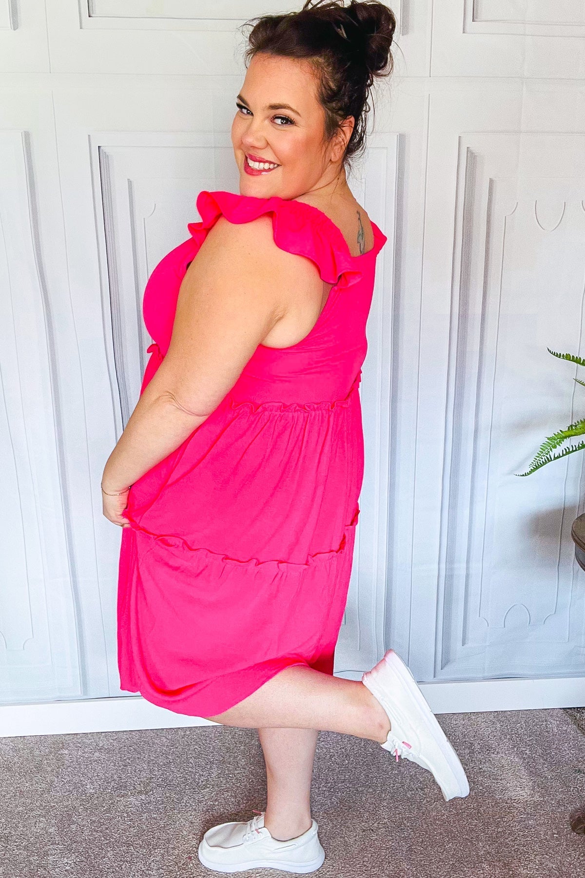Lots To Love Fuchsia Smocked Flutter Sleeve Tiered Midi Dress (Open Pack)